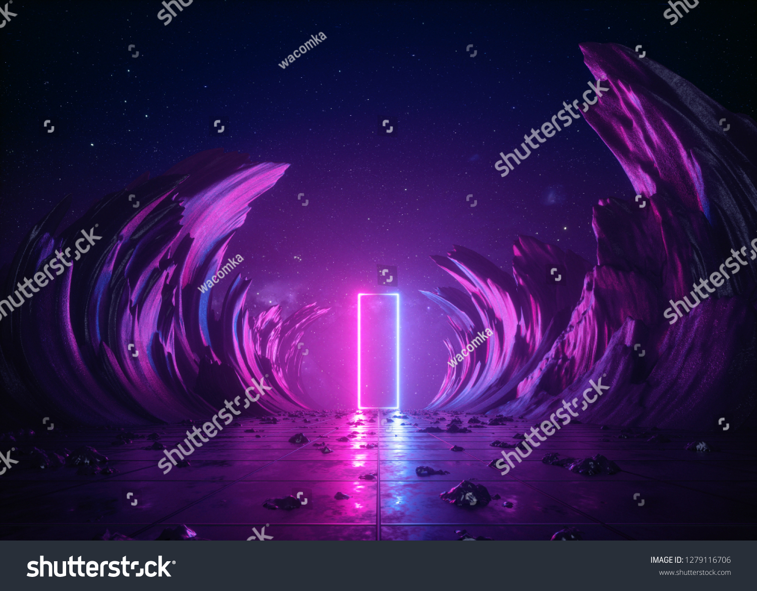 3D渲染 抽象背景 宇宙景观 矩形门户 粉红色的蓝色霓虹灯 虚拟现实 能源 发光四边形 黑暗空间 紫外线光谱 激光 烟雾 烟雾 雾 地面 地面