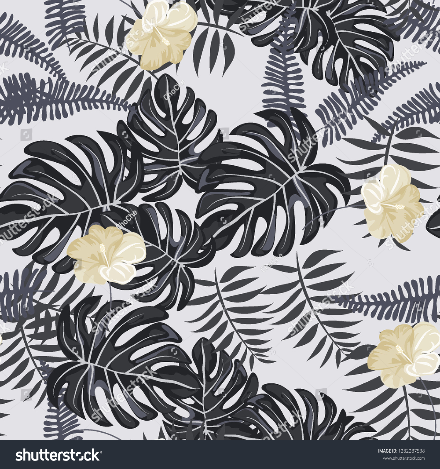Monochrome exotic seamless pattern with tropical flowers and leaves ...