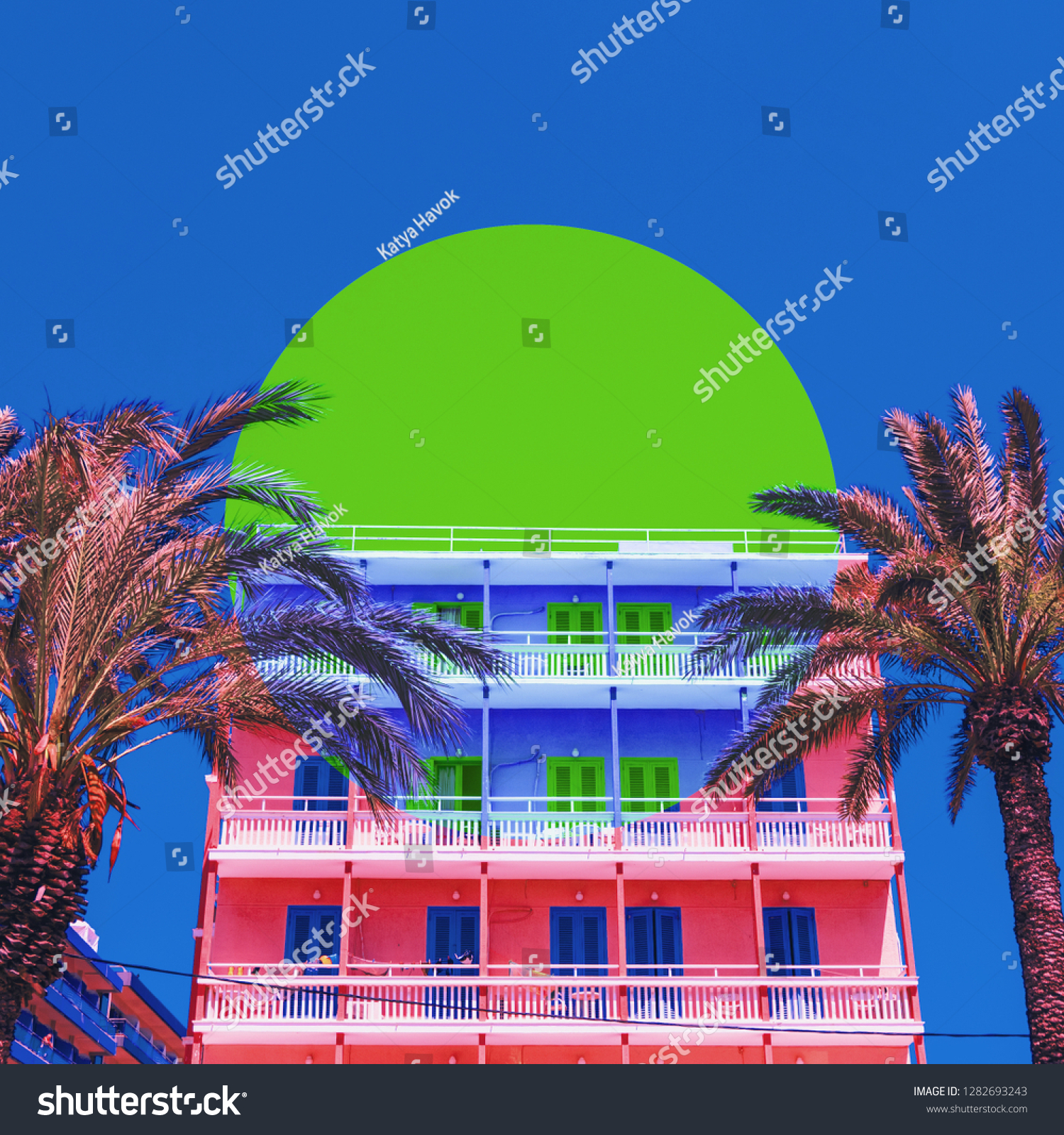 Aesthetic art collage with summer hotel and inversion colours in circle frame. 