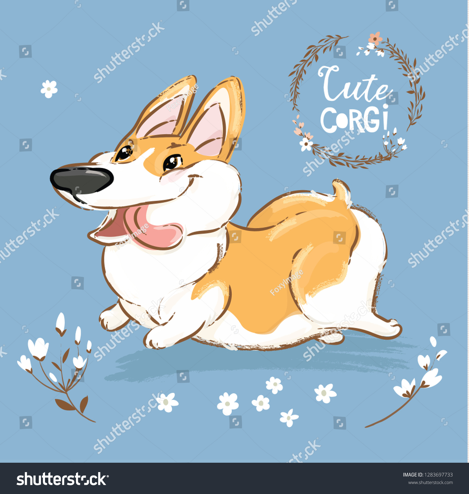 Excited Corgi Dog Run Tongue Out Vector Poster. Happy Fox Pet Character Walk Outdoor in Flowers. Little Funny Welsh Doggy Series on Blue Background Flat Cartoon Print Banner.