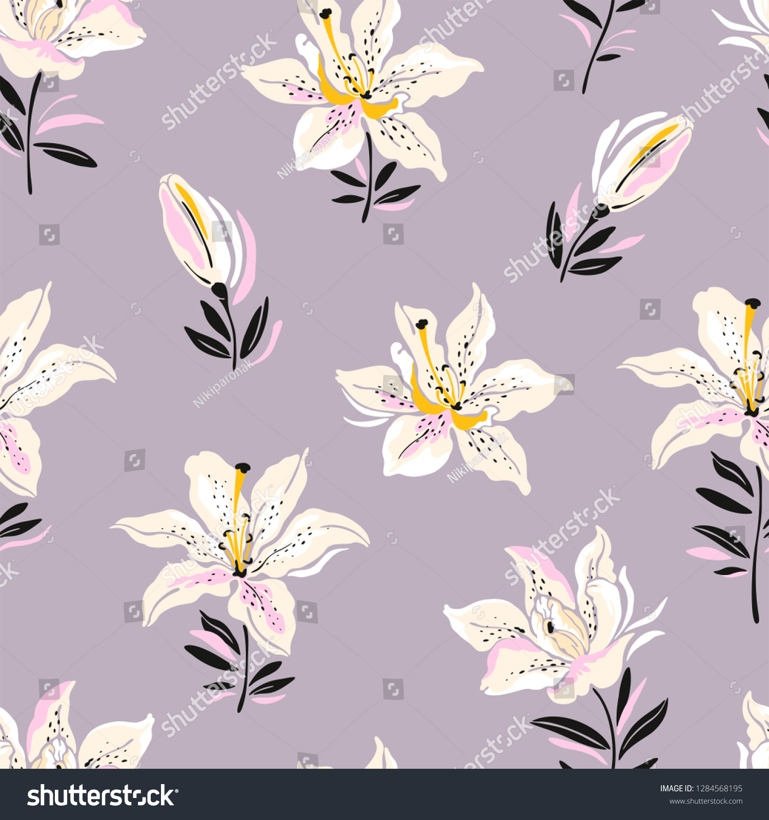 Flowers design pattern with blossoming Lilies  vector seamless illustration in vintage style.