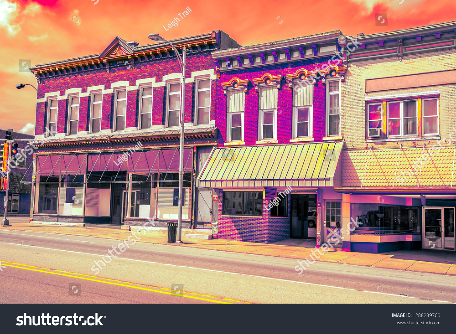 Futuristic neon glow colorful downtown main street usa small town business storefronts