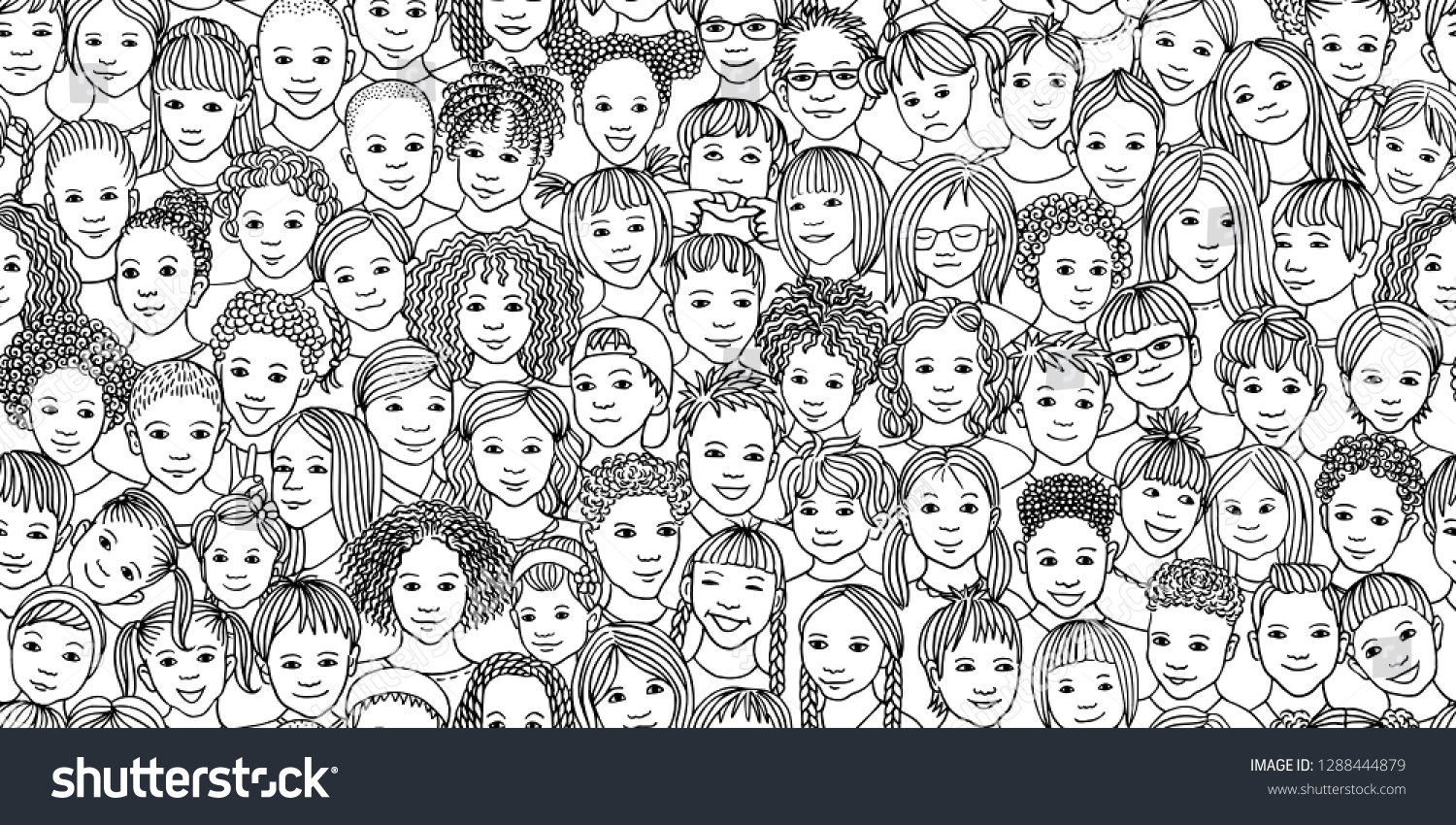 Diverse group of children - seamless banner of 70 different hand drawn kids' faces  kids and teens of diverse ethnicity