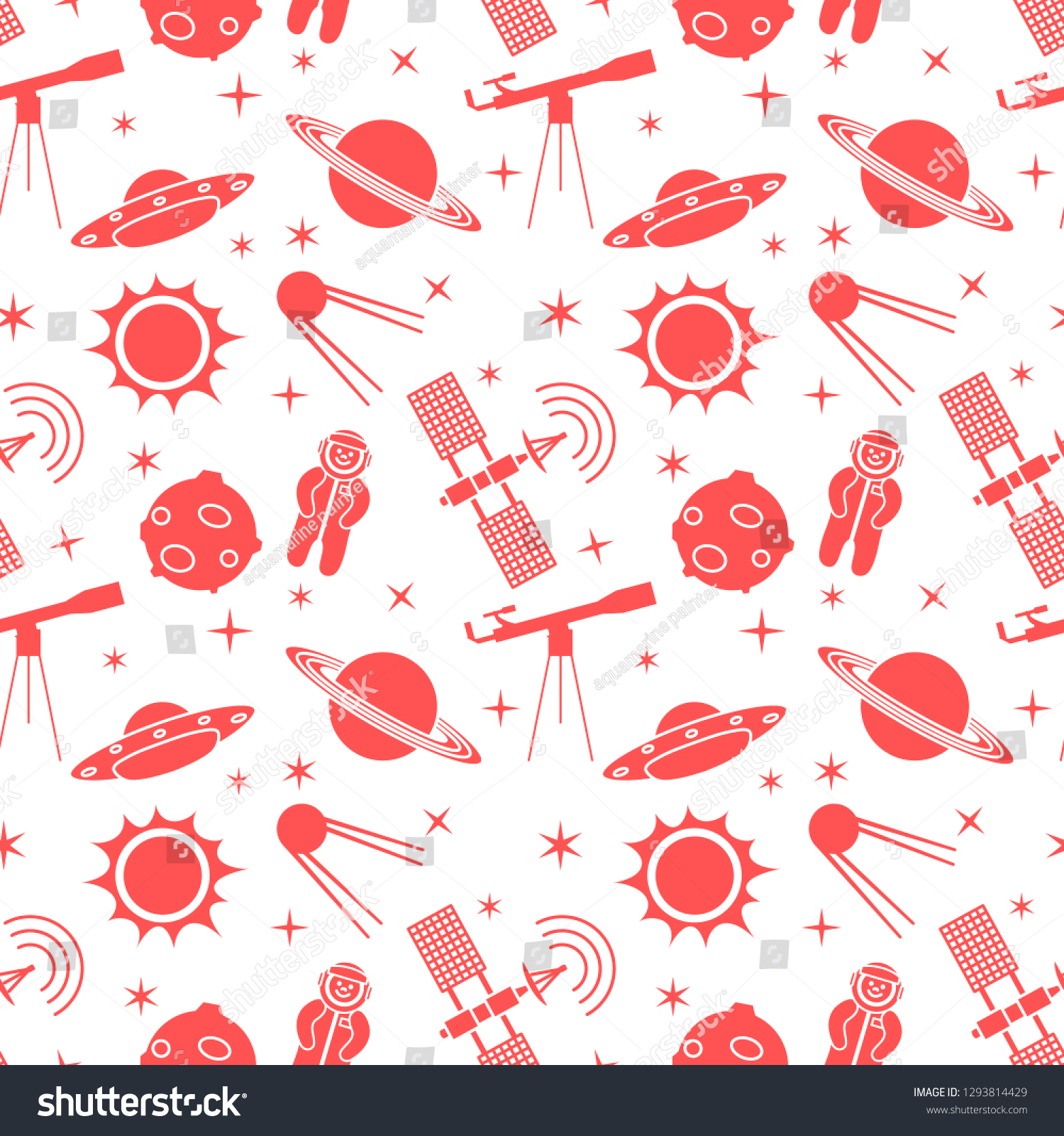 Seamless pattern with telescope  UFO  satellite  planets  astronaut  orbital station  sun  stars. Space exploration. Astronomy. Science.