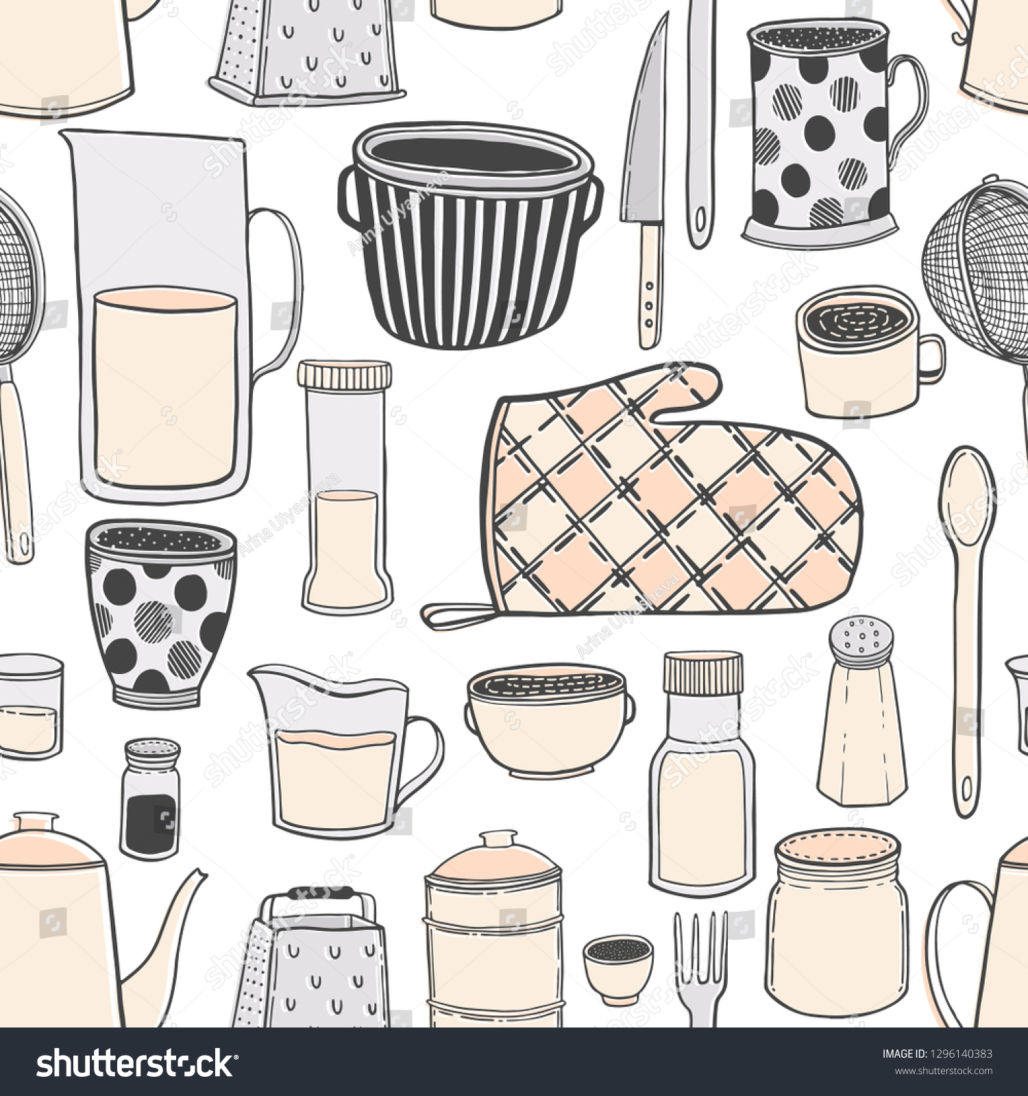 Seamless pattern of kitchenware and utensils hand drawn vector illustrations modern drawing style  isolated on white background. Cooking kitchen background.Elements for design.