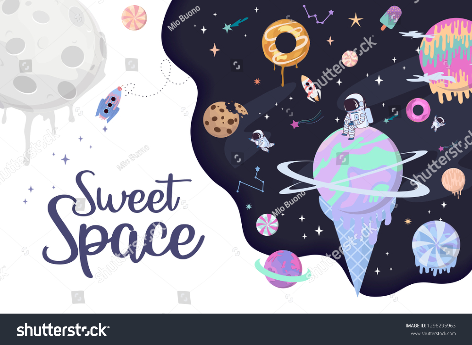 Sweet space cartoon poster with fantasy chocolate cookie  candy  donut  caramel sweets planets and astronaut. Birthday party invitation  Fantasy galaxy game concept. Editable vector illustration
