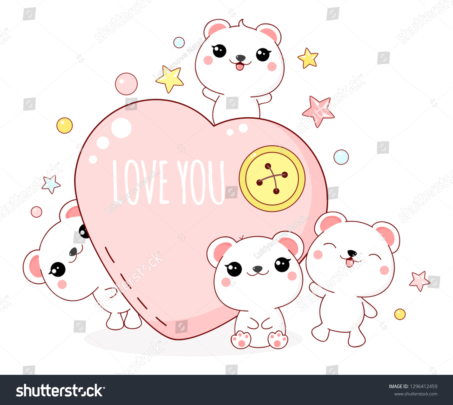 Cute Valentine's day card in kawaii style. Lovely polar bears with heart  inscription Love you. EPS8
