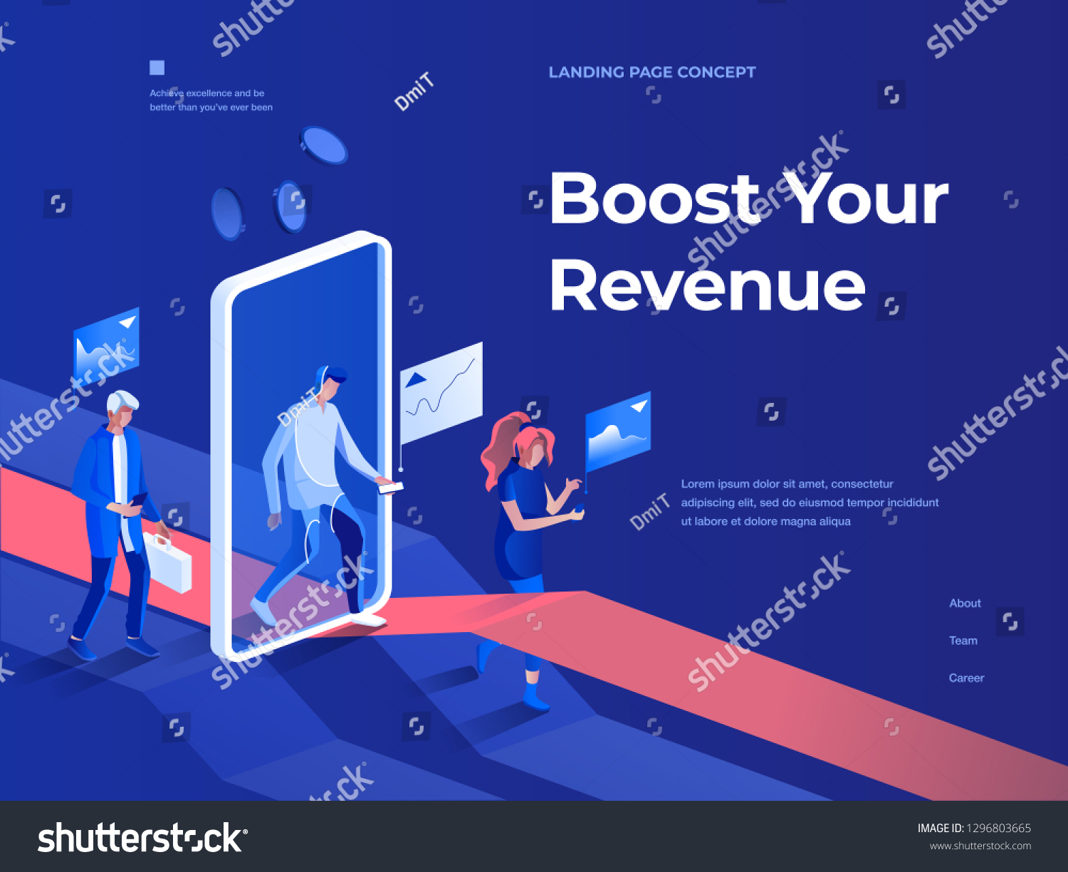 People walk with smartphones and get rewards going through a mobile application screen. Business and Success. 3d isometric vector illustration. Landing page and header concept.