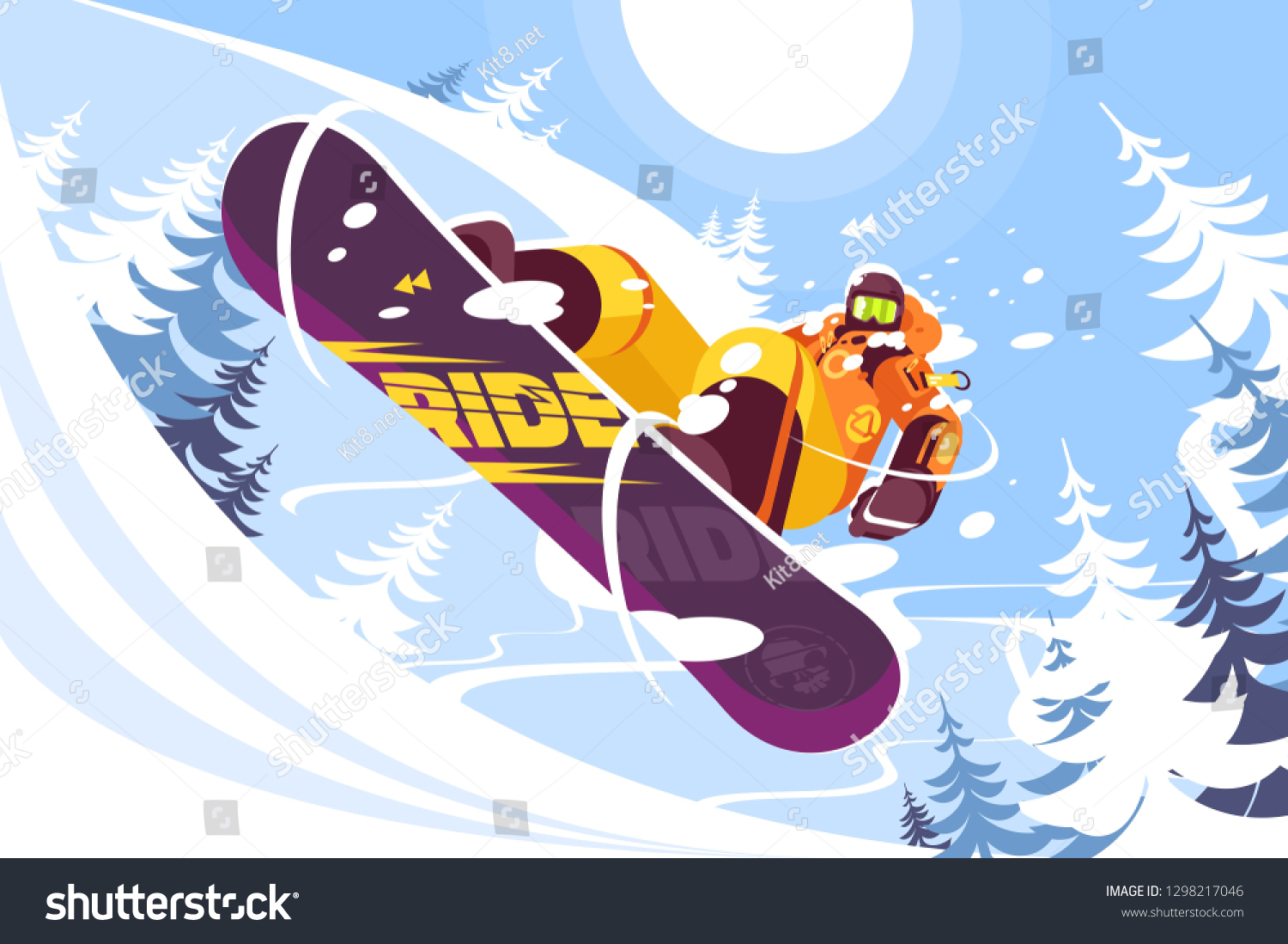 Jumping snowboarder in trendy suit flat style vector illustration. Well-dressed man in bright orange sportswear. Winter and sport concept. Snowy trees on background