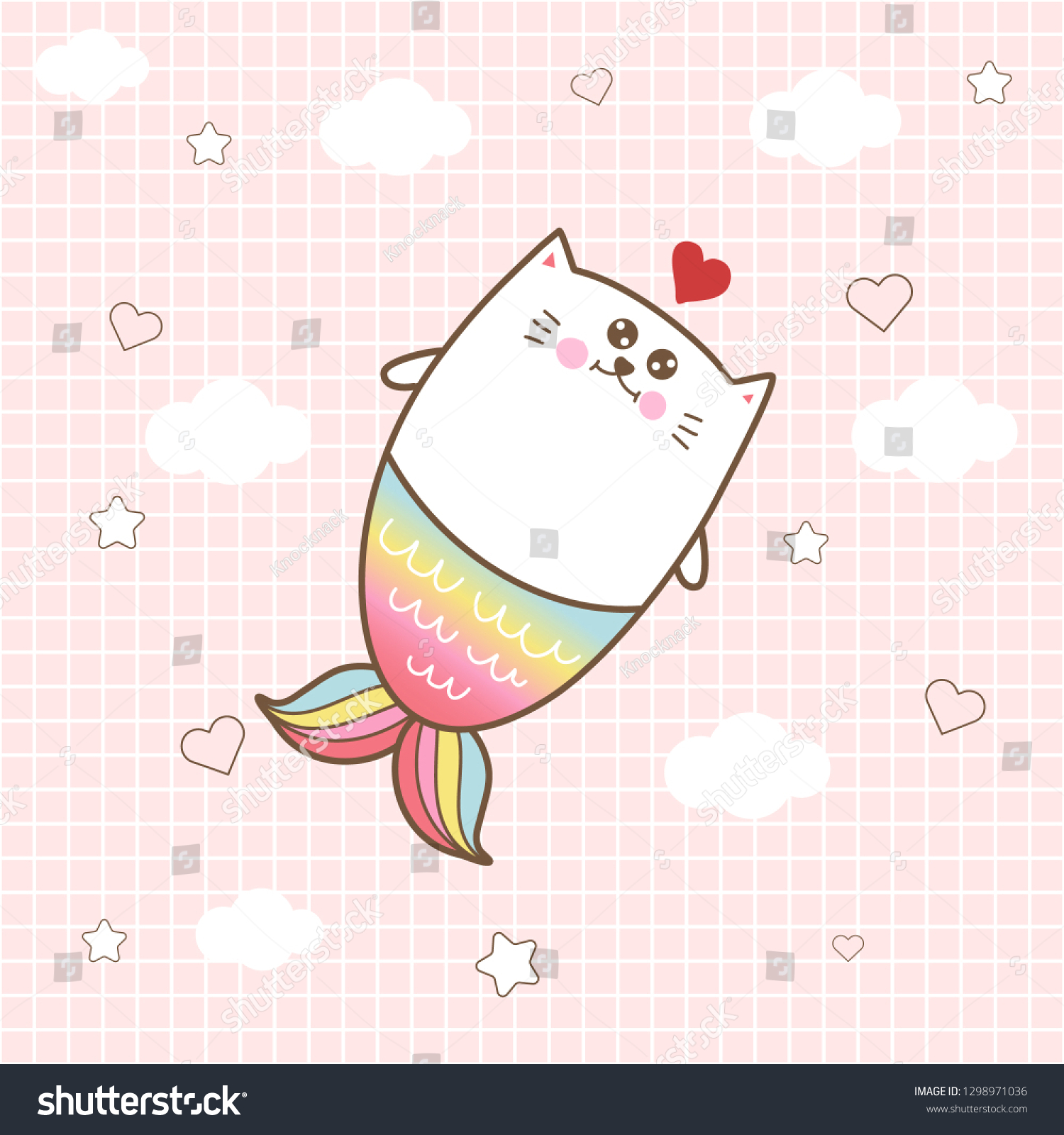 Kawaii cat mermaid with pastel colors background