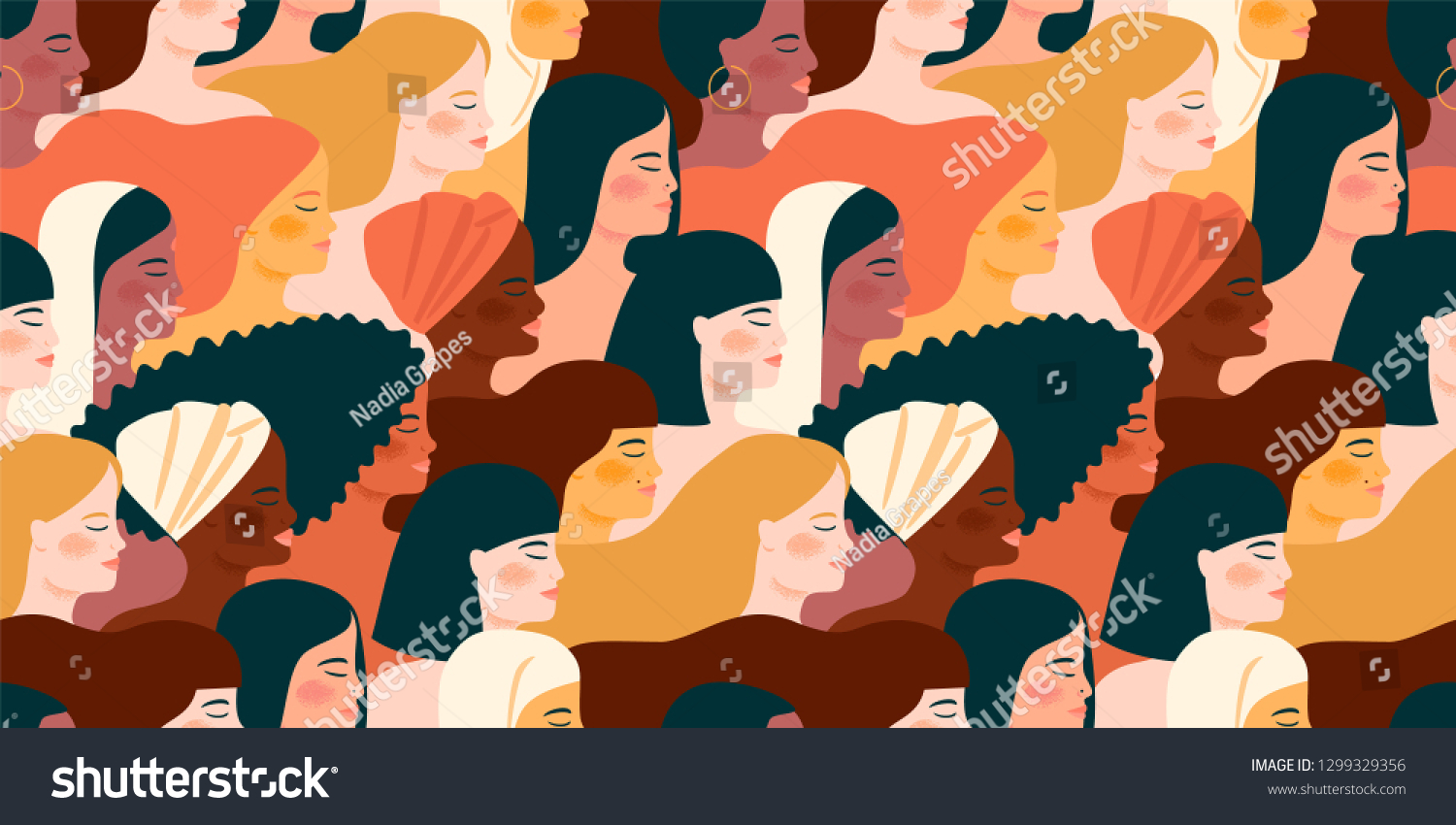 International Womens Day. Vector seamless pattern with with women different nationalities and cultures. Struggle for freedom  independence  equality.