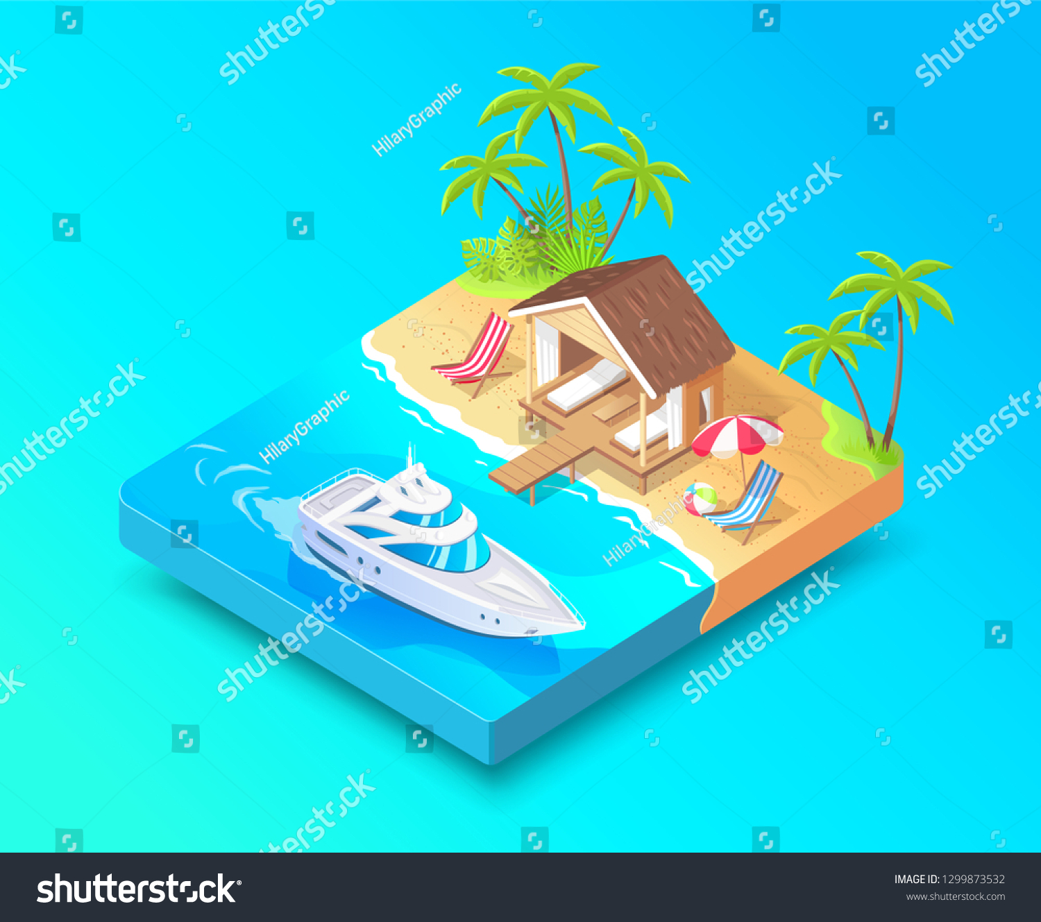 Isometric island spa resort bungalow and white yacht vector illustration