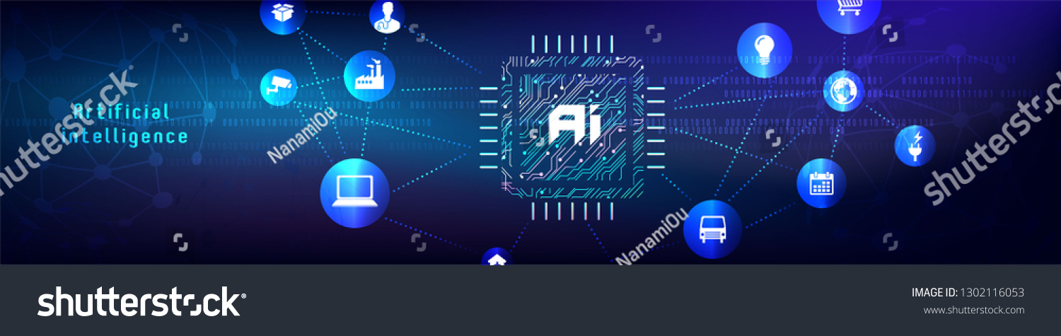 Vector illustration of Intelligence chip on circuit motherboard background between glowing digital network for Artificial Intelligence (AI) deep learning concept.