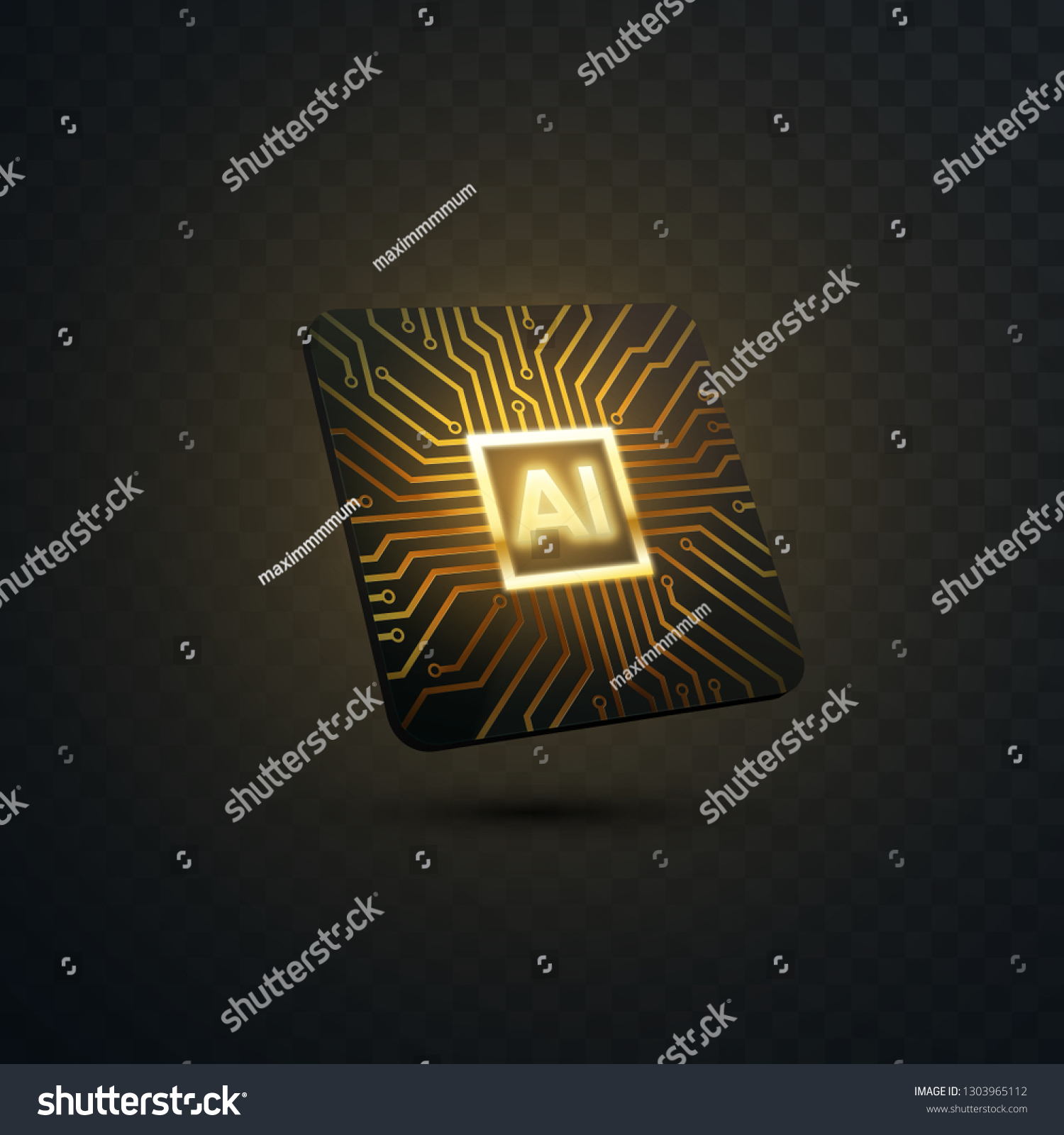 Artificial intelligence concept. Vector 3d technology illustration of micro chip with circuit board pattern. AI processor design. Machine learning or neural network icon design