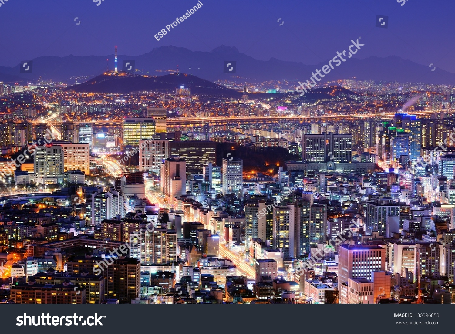 Downtown skyline of Seoul  South Korea with Seoul Tower.