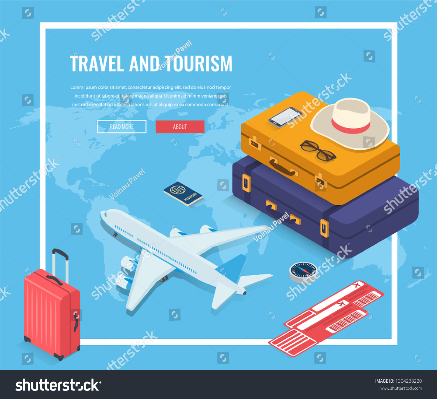 Travel equipment in Isometric style. Travel and tourism concept. Vector illustration