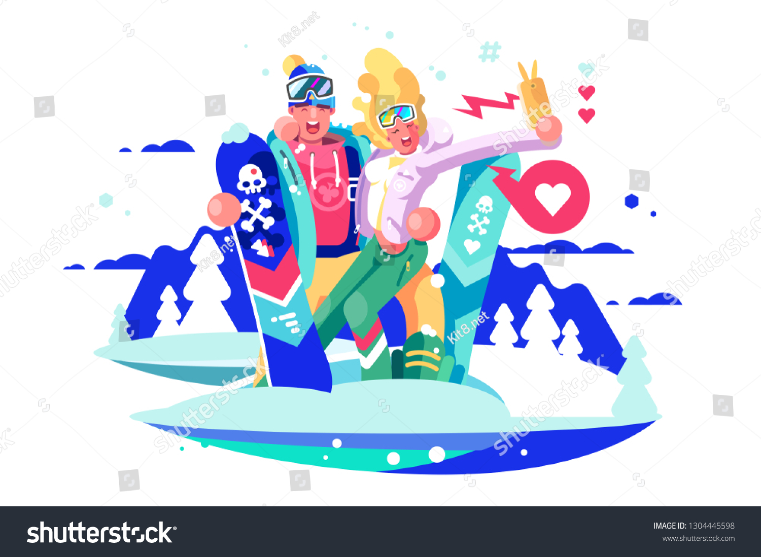 Smiling boy and girl taking selfie on smartphone with snowboards. Couple of snowboarders in ski suit takes photos for social media app. Winter kinds of sport and holidays flat vector illustration