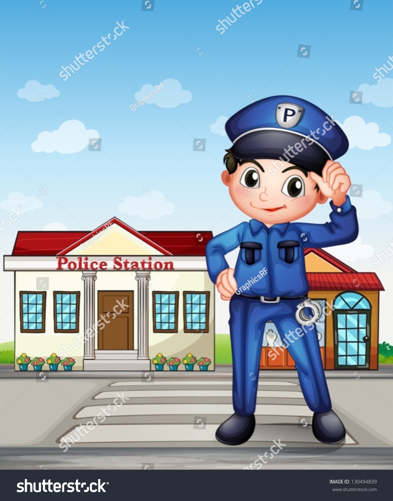 illustration of a police officer in front of a police station