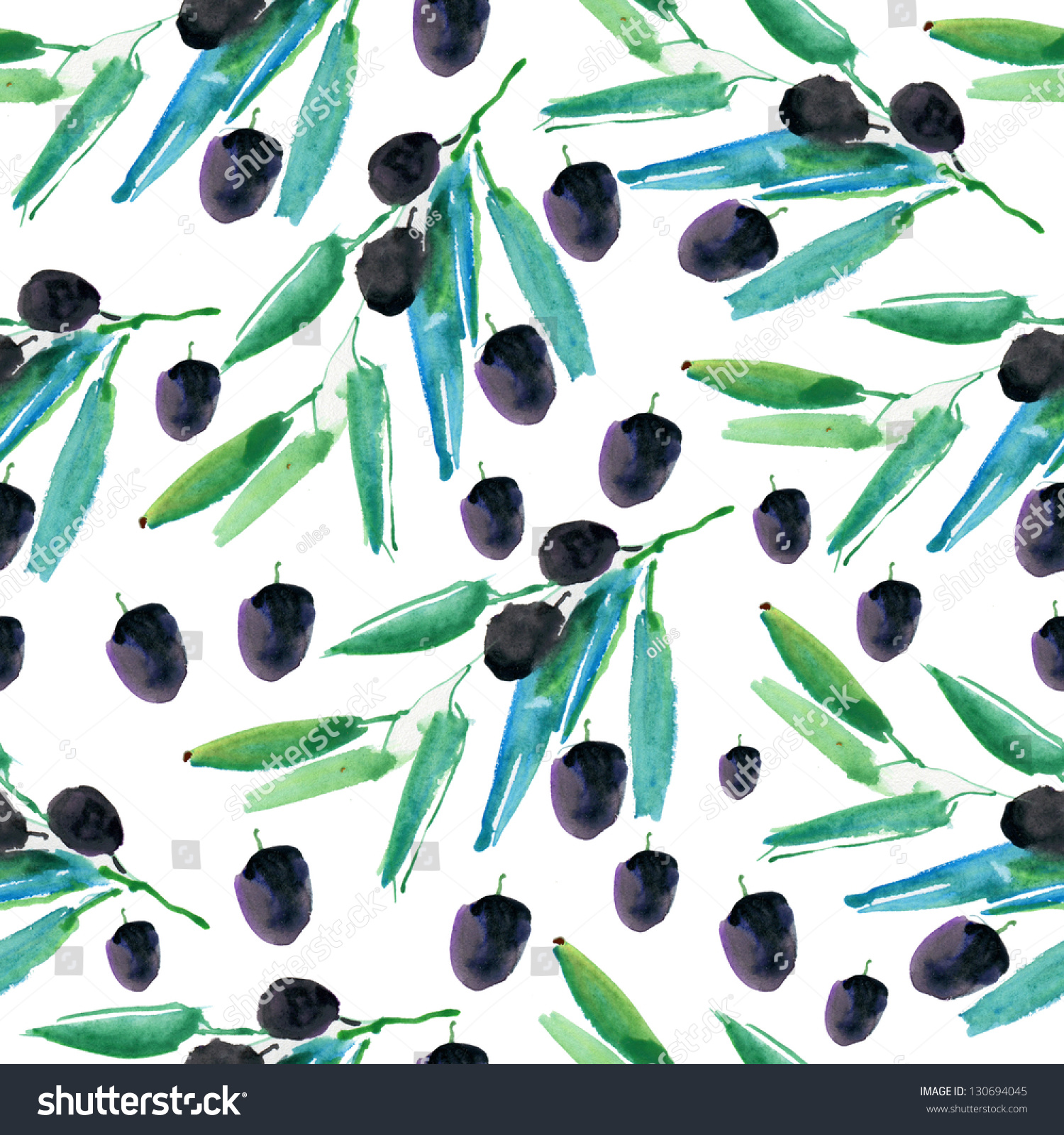 black olives with  leaves on a white background. Seamless pattern. Watercolor.