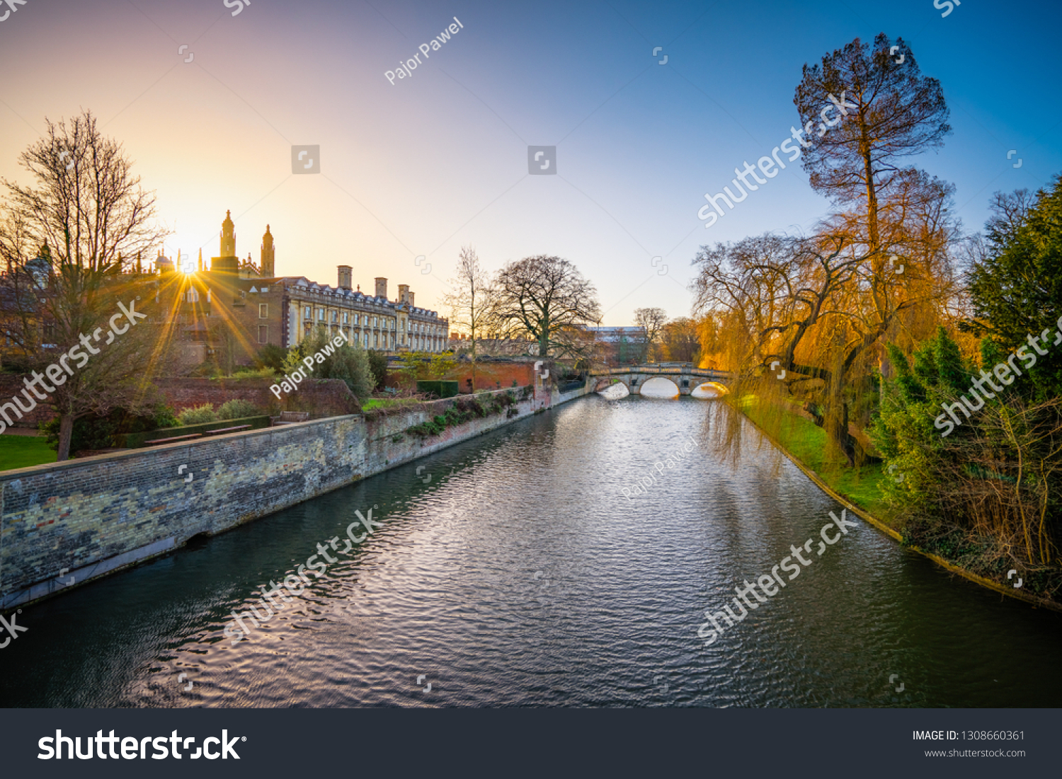 Beautiful view of Cambridge and the river Cam at sunrise. England