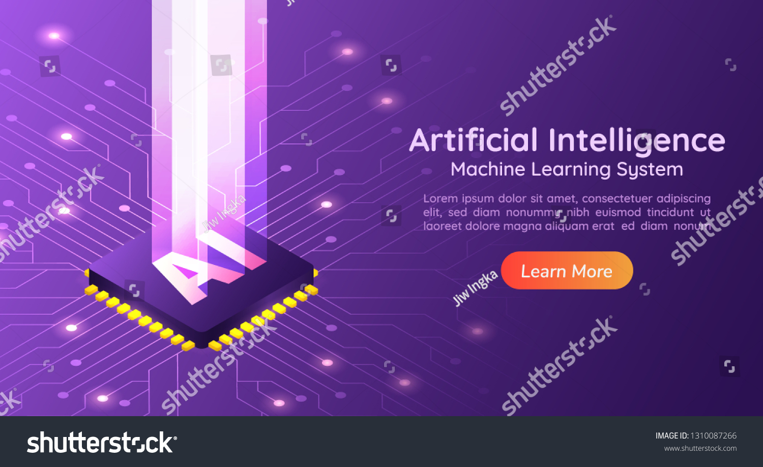3d isometric web banner Artificial Intelligence AI with light pillar on computer circuit board. AI and Machine learning concept landing page.