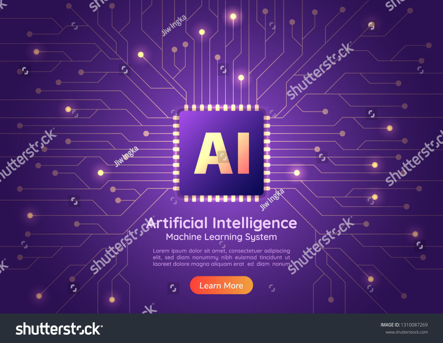 Web banner Artificial Intelligence AI chip on computer circuit board. AI and Machine learning concept landing page.