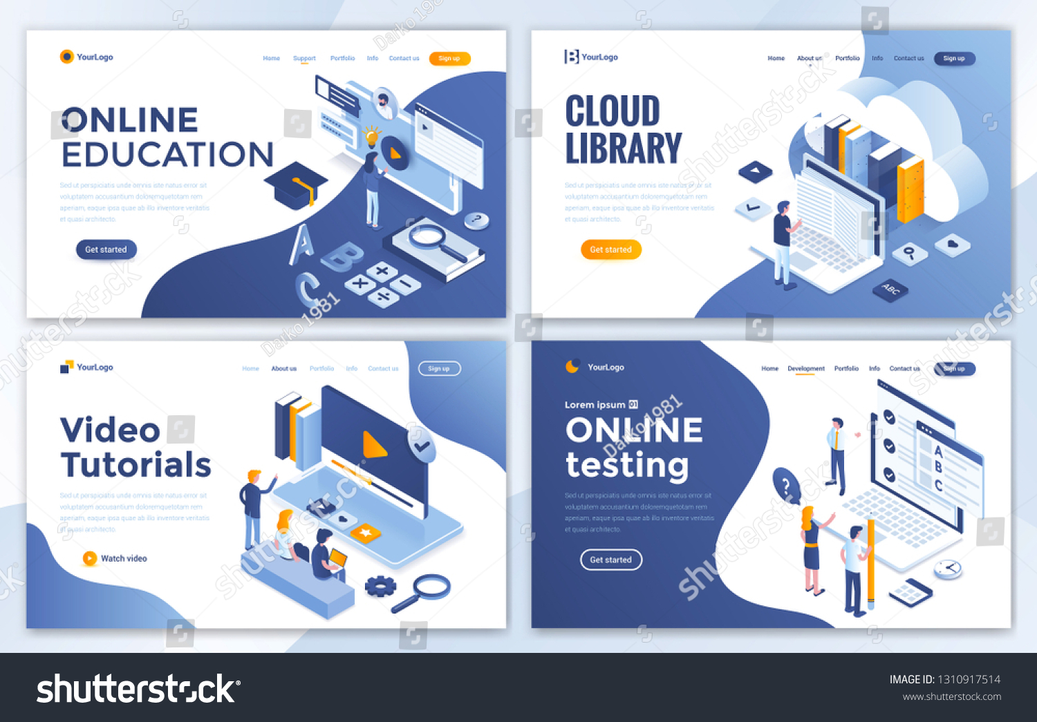 Set of Landing page design templates for Online Education  Cloud Library  Video Tutorials and Online testing. Easy to edit and customize. Modern Vector illustration concepts for websites