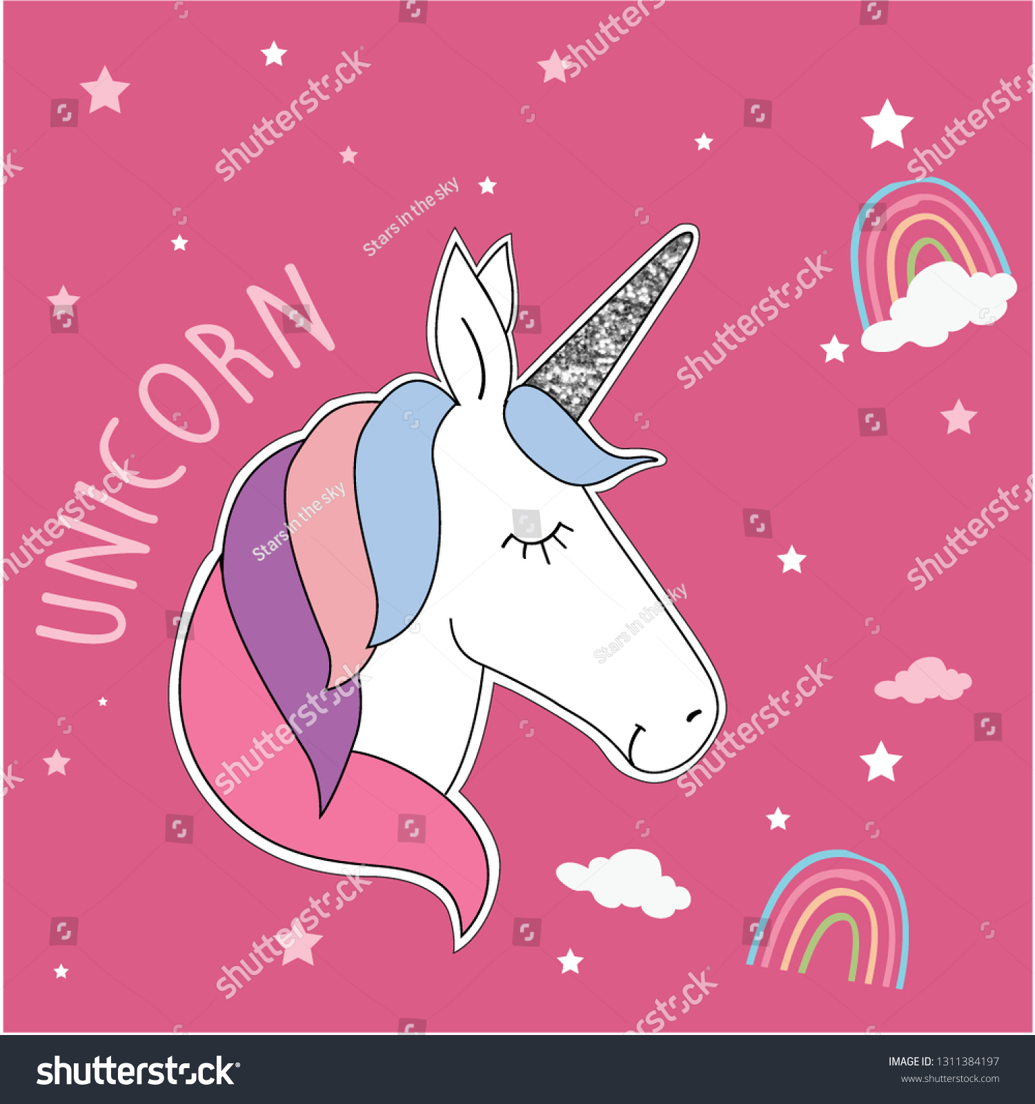 Glitter Unicorn Cloud Rainbow Star Text Pink Girl Tee Illustration Art Glitter unicorn cloud rainbow star text pink girl tee illustration art