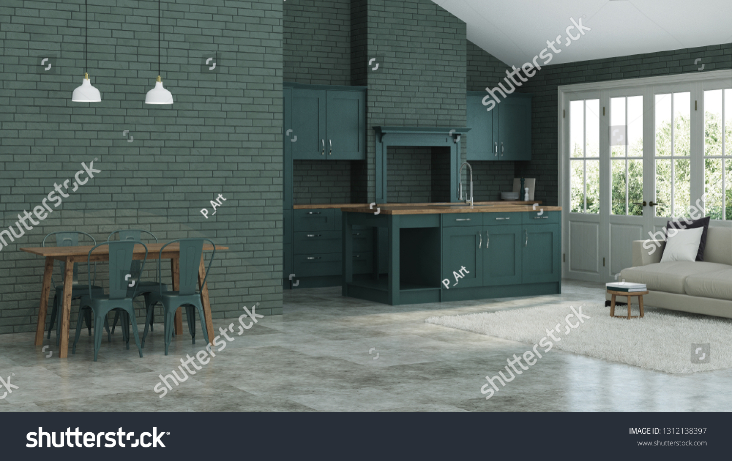 Modern interior of a country house. Interior with dark green kitchen and green brick walls. 3D rendering.