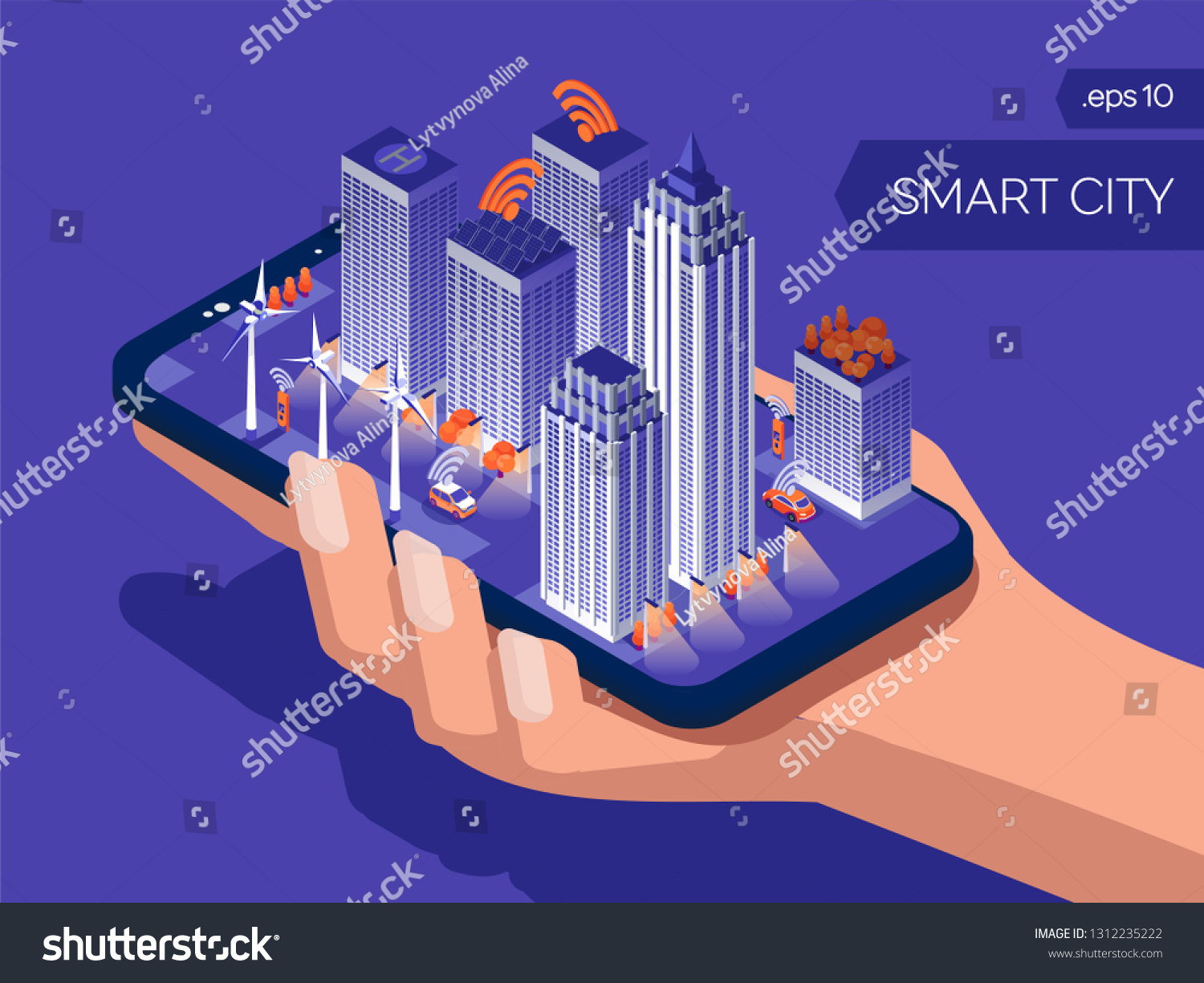 Smart city connection and control.  Eco friendly night town. IOT concept. Internet of things isometric style. Smart phone in human hand on blue background