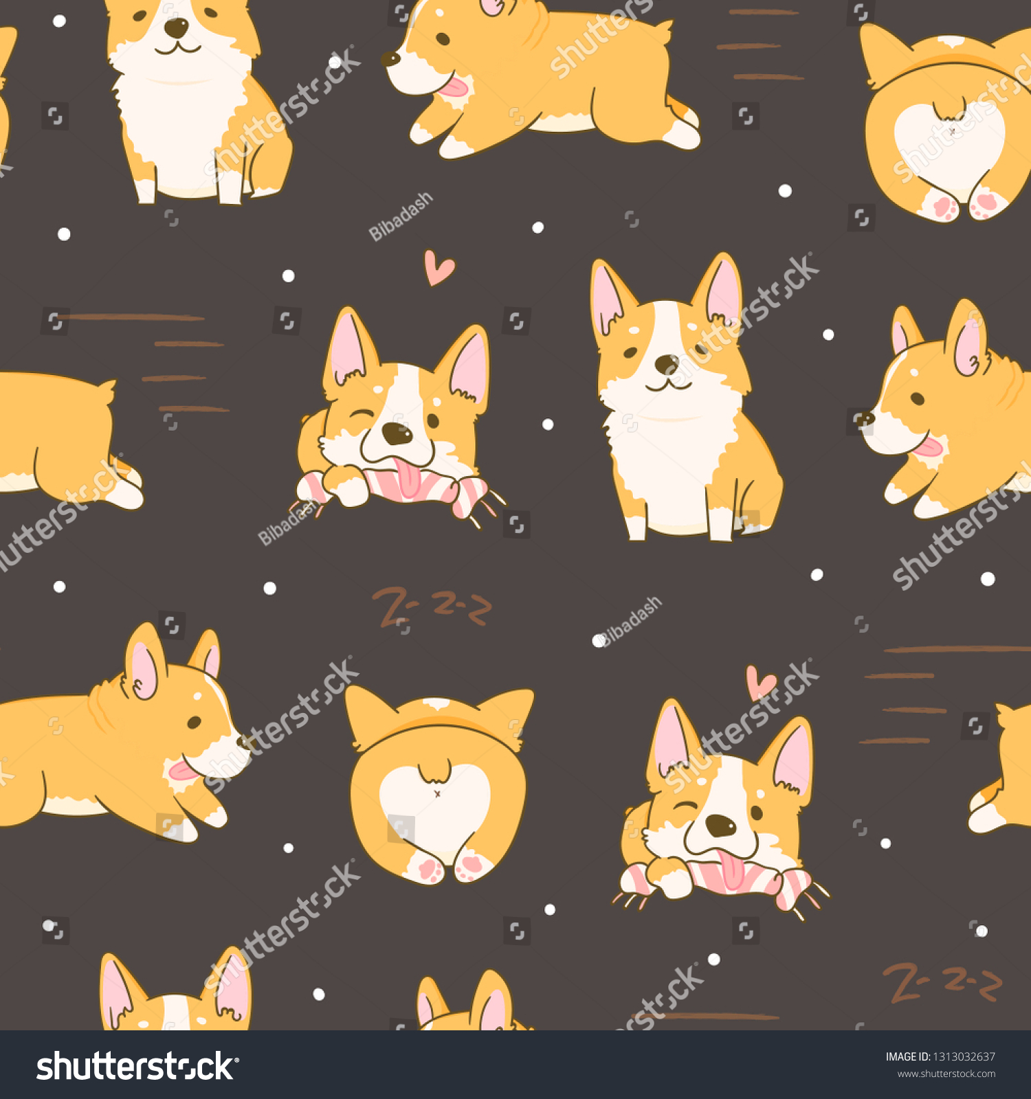 Kawaii playful Corgi dogs in various poses. Hand drawn colored vector seamless pattern. Dark background