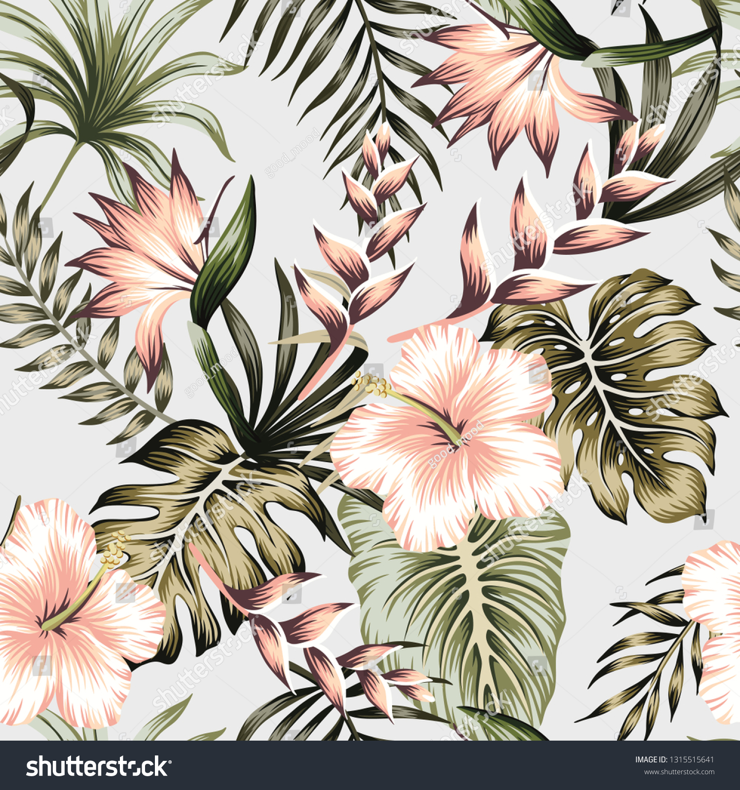Tropical vintage green floral palm leaves pink hibiscus strelitzia