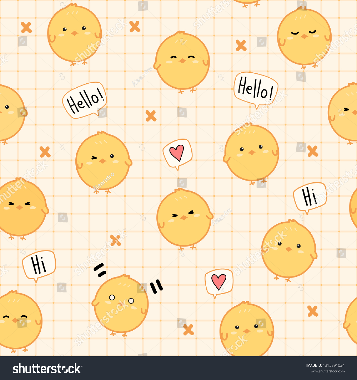 Cute adorable kawaii little yellow chickens farm greeting on grid cartoon doodle seamless pattern background wallpaper vector eps10