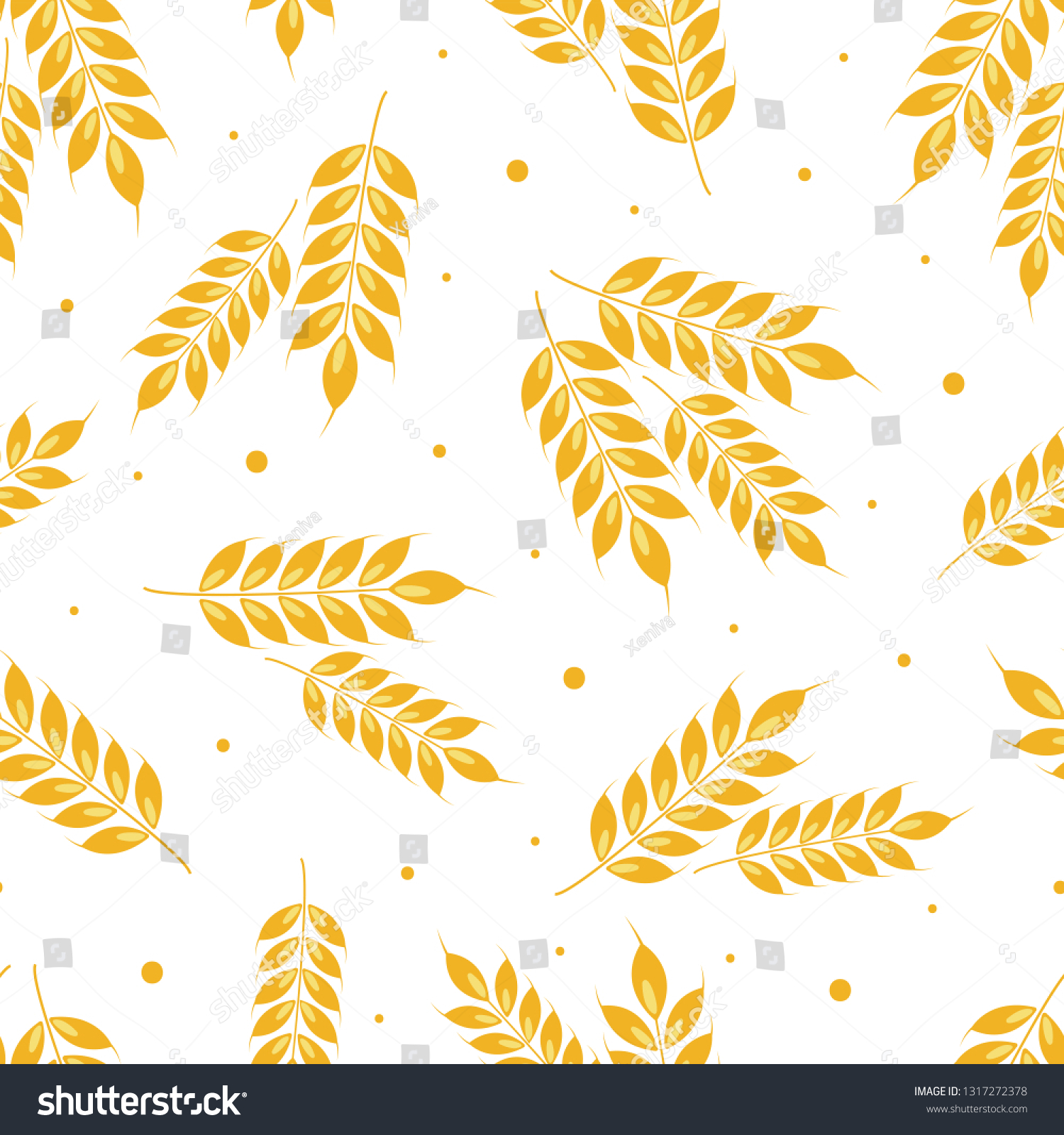 Vector seamless ears of wheat pattern with dots. Whole grain  organic  for bakery package  bread products. Isolated on white. 