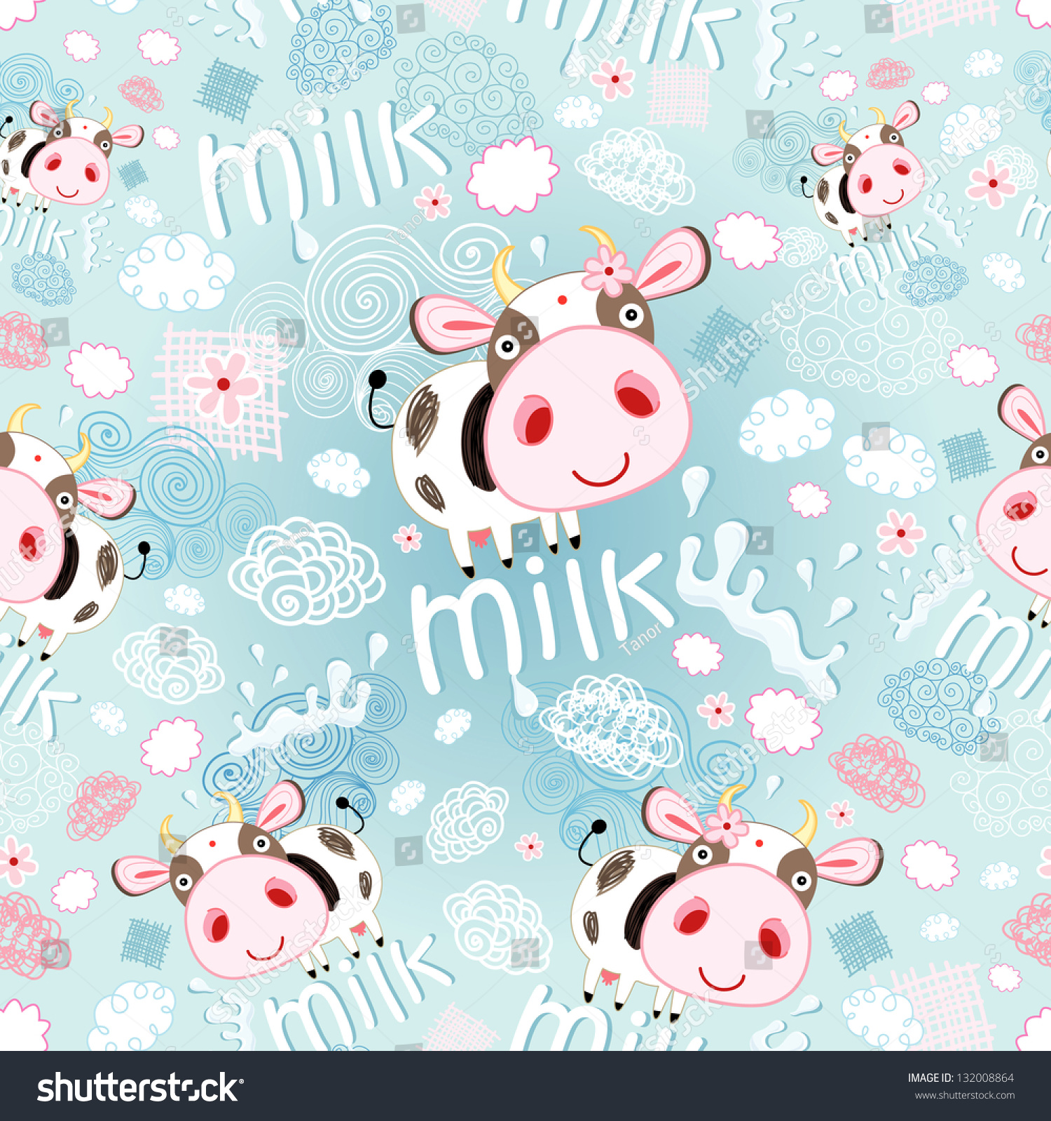 bright cheerful seamless pattern of cows and milk on a blue background with clouds