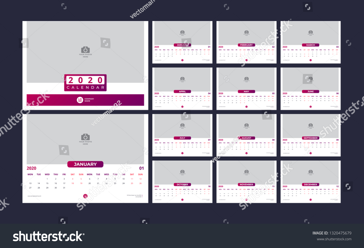 Calendar design for 2020. simple red color. week starts on monday. set ...