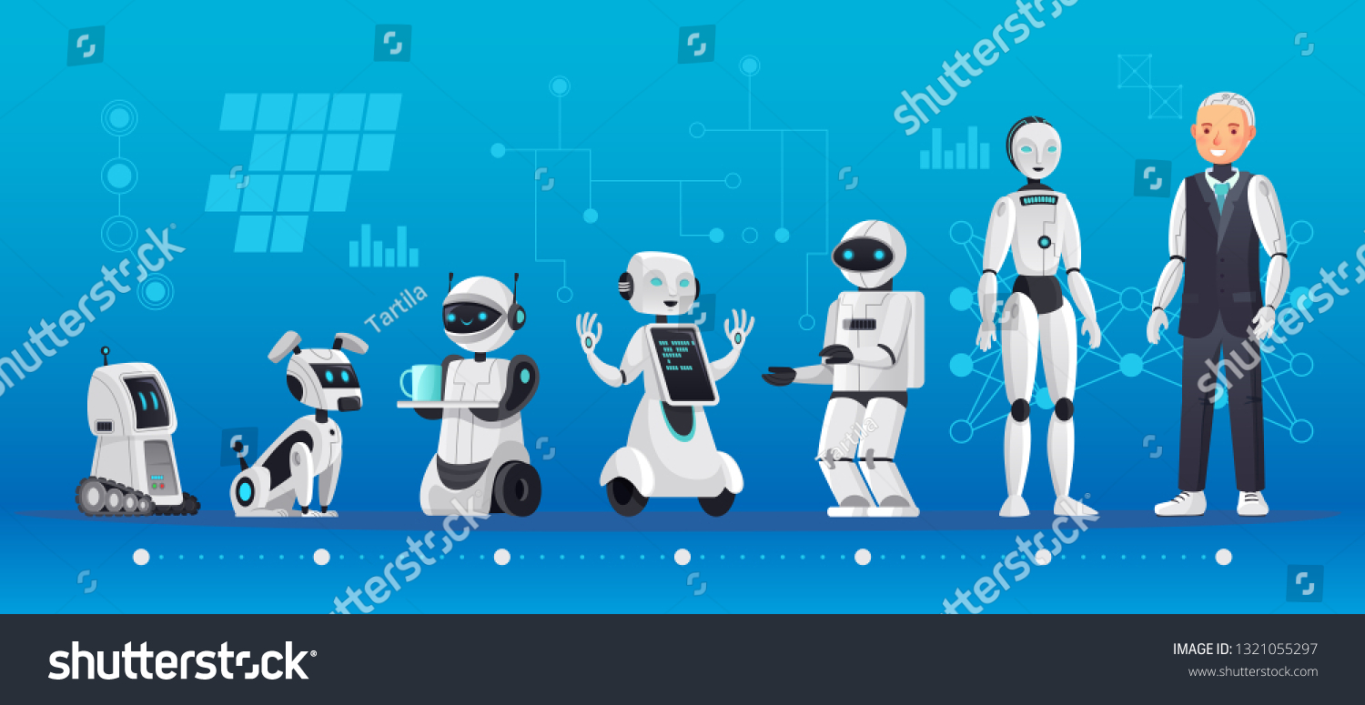 Robot generations. Robotics engineering evolution  robots ai technology and humanoid computer generation. Engineer robotic artificial Intelligence companion cartoon vector illustration