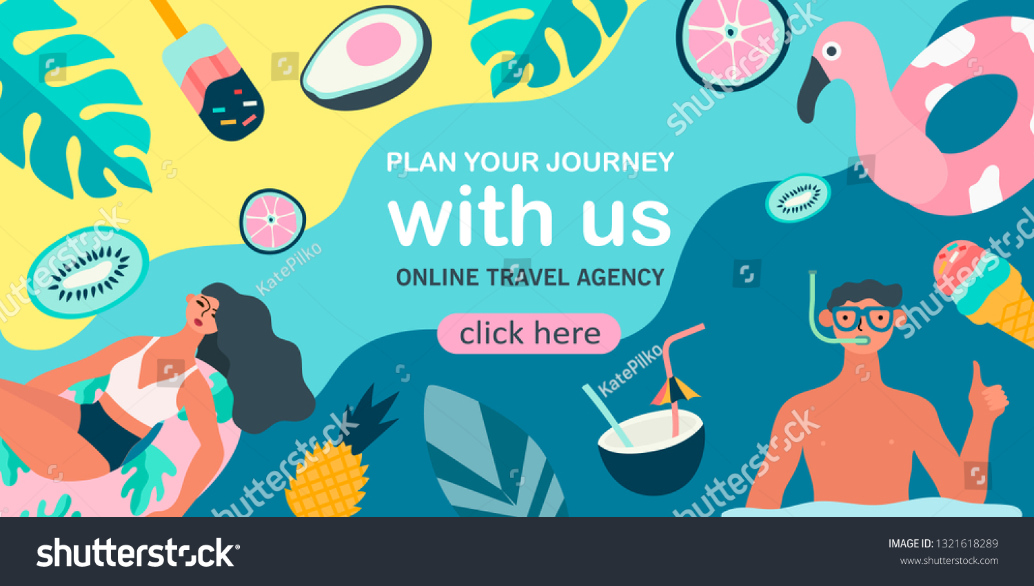 Summer theme banner. Vector illustration of resting people and objects and fruits issociated with summer holidays and vacation by the sea. Creative banner  landing page  flyer in a flat style.