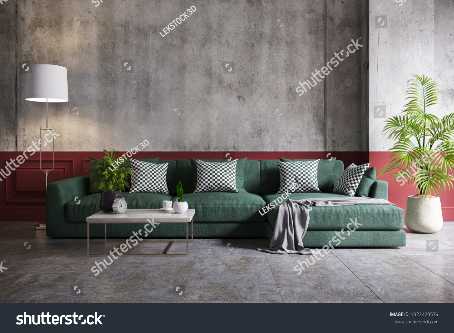Modern loft and vintage interior of living room green sofa and gold lamp on half concrete and red painted wall 3d rendering