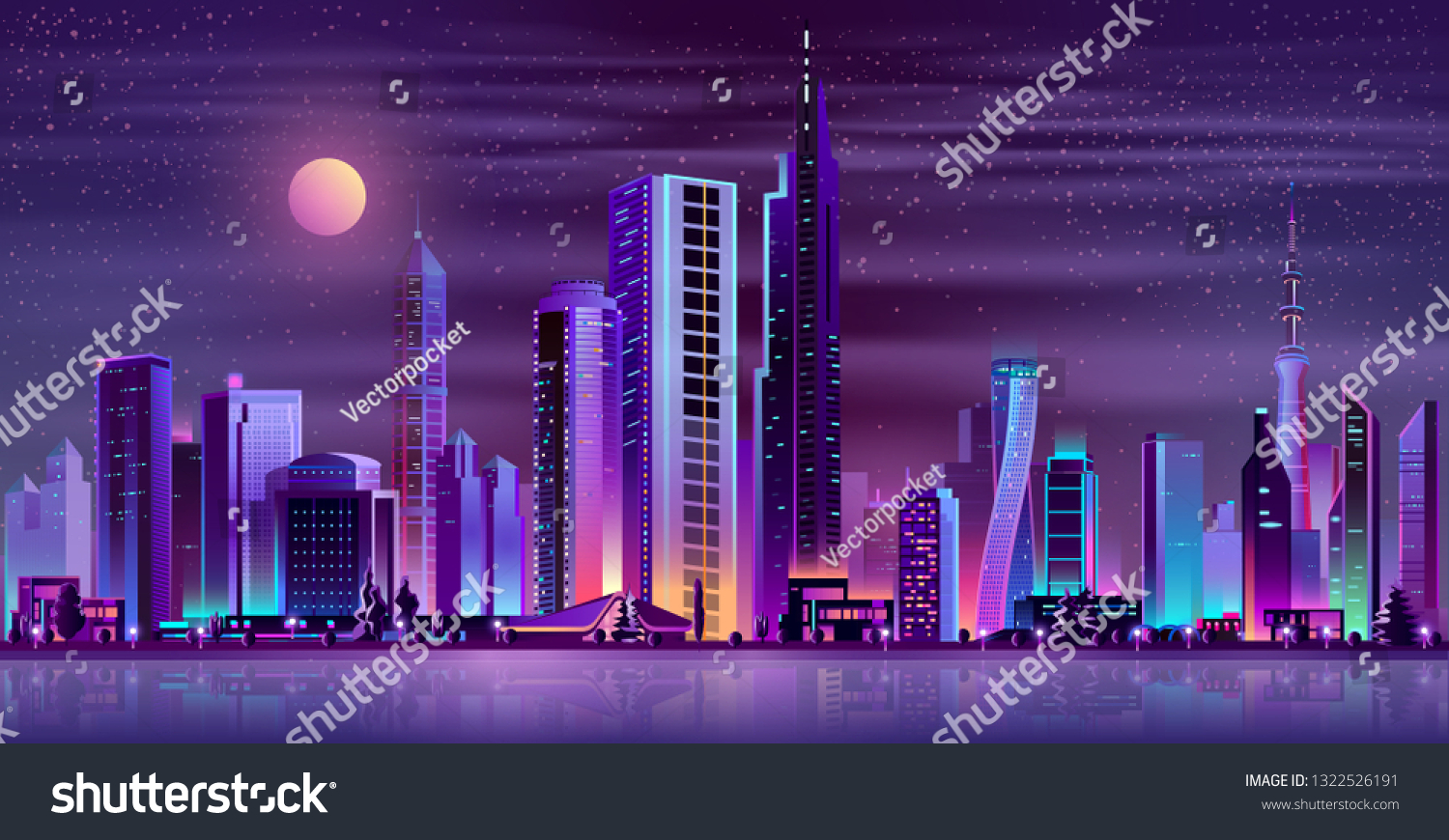 Metropolis night skyline with illuminated skyscrapers  cottage houses or public buildings on city quay shore and full moon in starry sky neon cartoon vector illustration. Urban architecture background