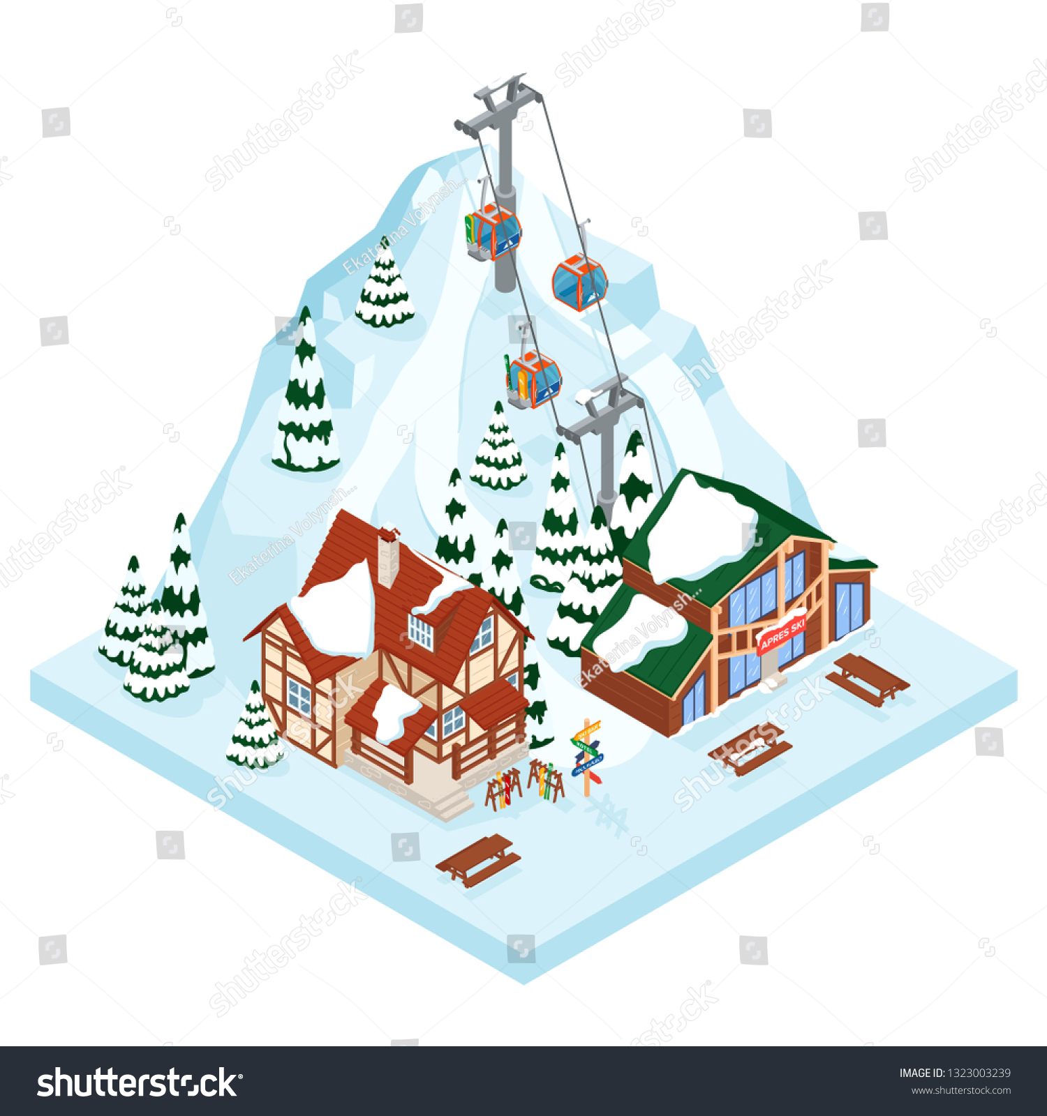 Ski resort vacation gondola way. Winter outdoor holiday activity sport in alps  landscape with mountain view and forest. Alpine village chalet. Flat style 3d isometric vector illustration