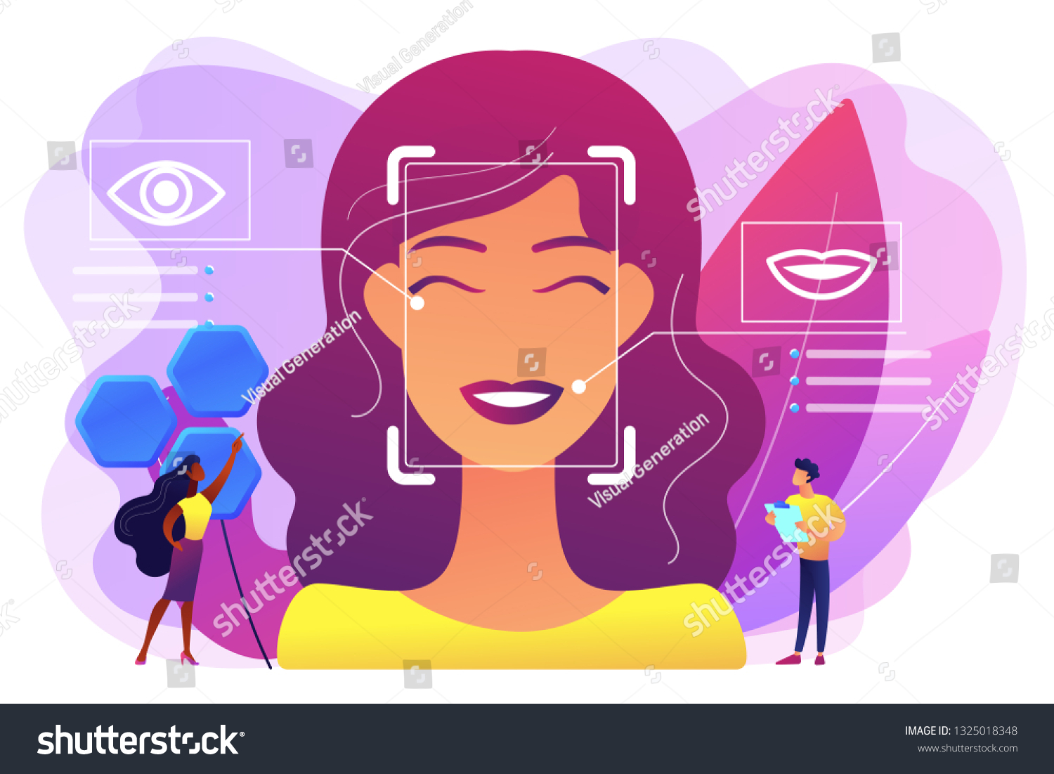 Tiny people scientists identify womans emotions from voice and face. Emotion detection  emotional state recognizing  emo sensor technology concept. Bright vibrant violet vector isolated illustration