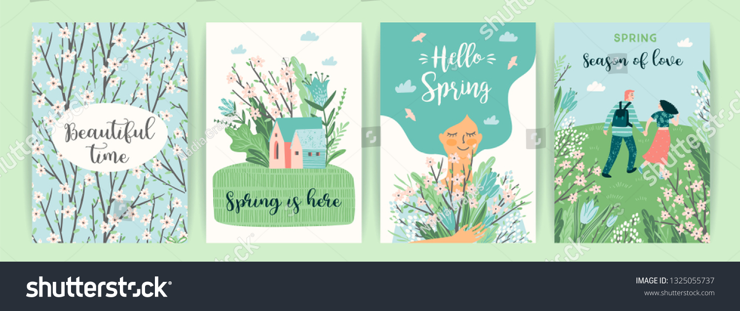 Set of cute illustrations with people and spring nature. Vectir design for poster  card  invitation  placard  brochure  flyer and other