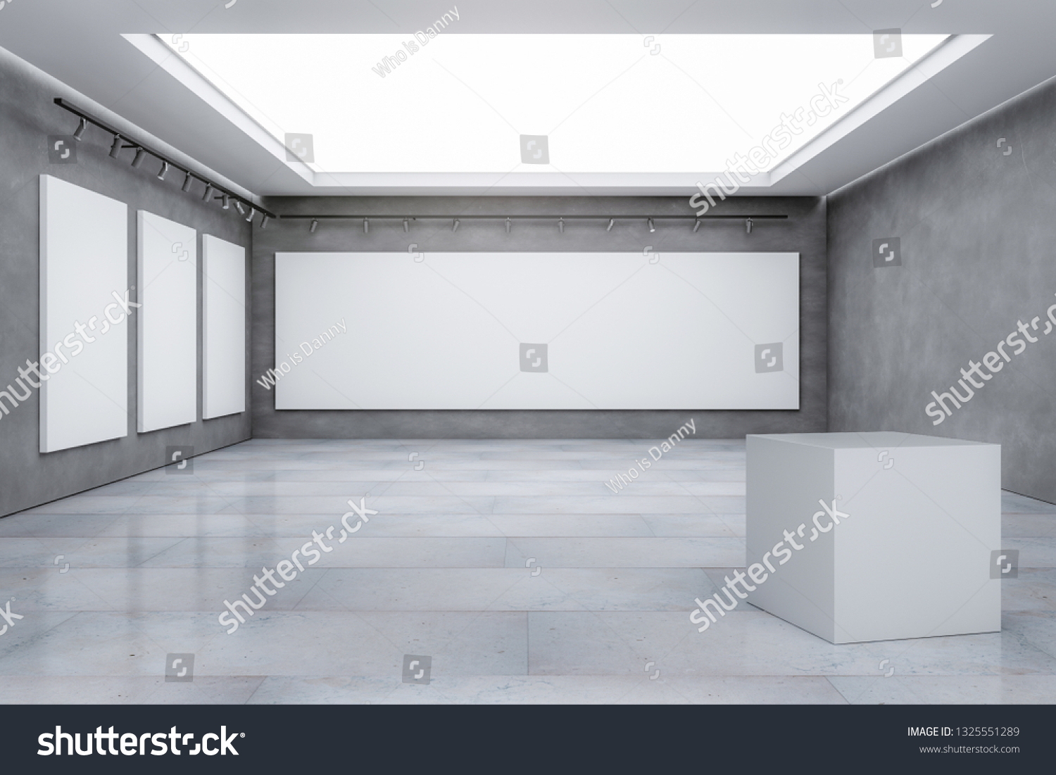 Contemporary concrete exhibition hall interior with empty billboard and reflections on floor. Gallery and museum concept. Mock up 3D Rendering