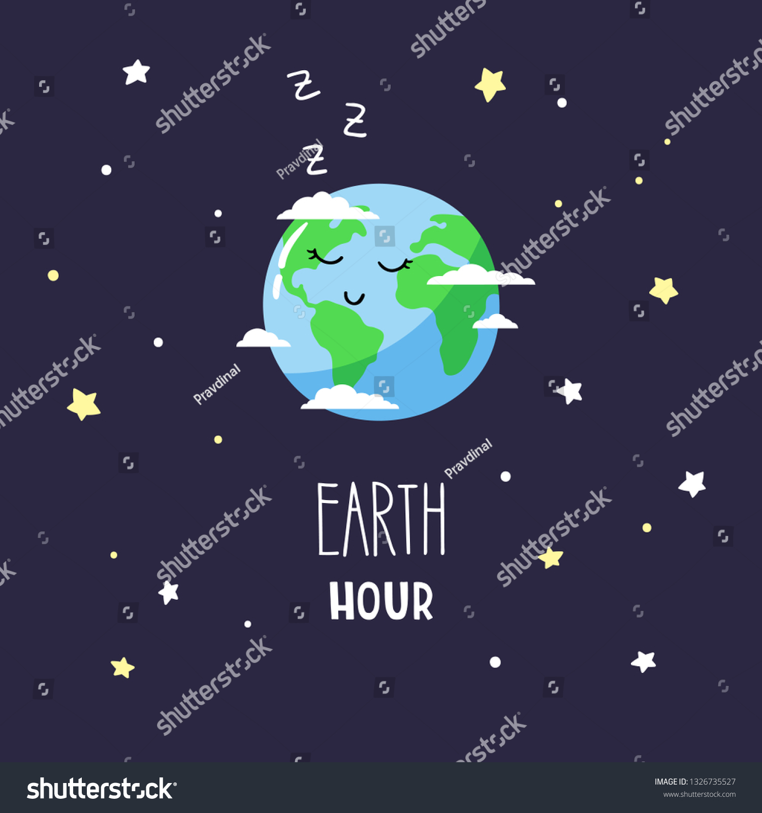 Cute cartoon planet Earth in the night sky and inscription Earth hour. Vector illustration.