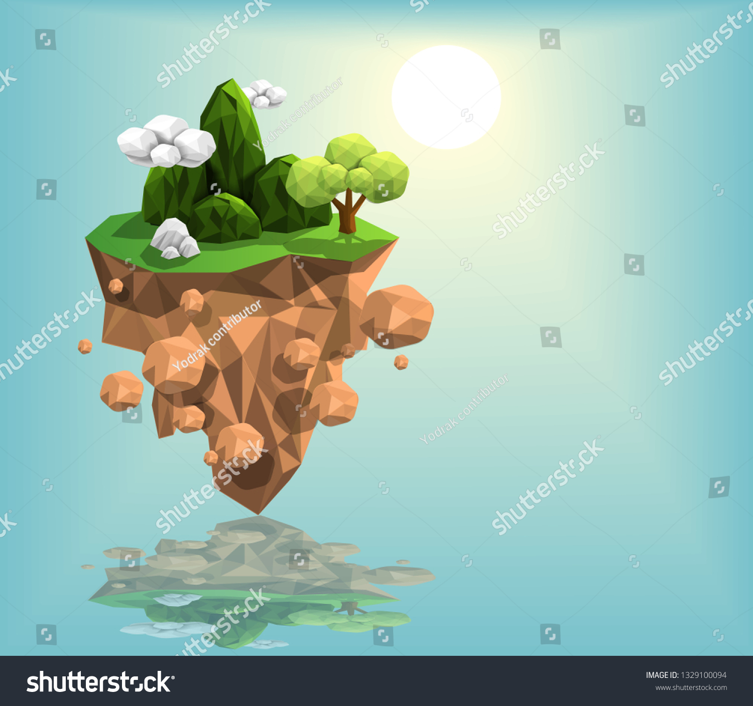 Tree on island landscape with green mountain and clouds above green land with sunrise blue sky background low polygon modelling design shape geometric and triangle ecology vector art illustration.