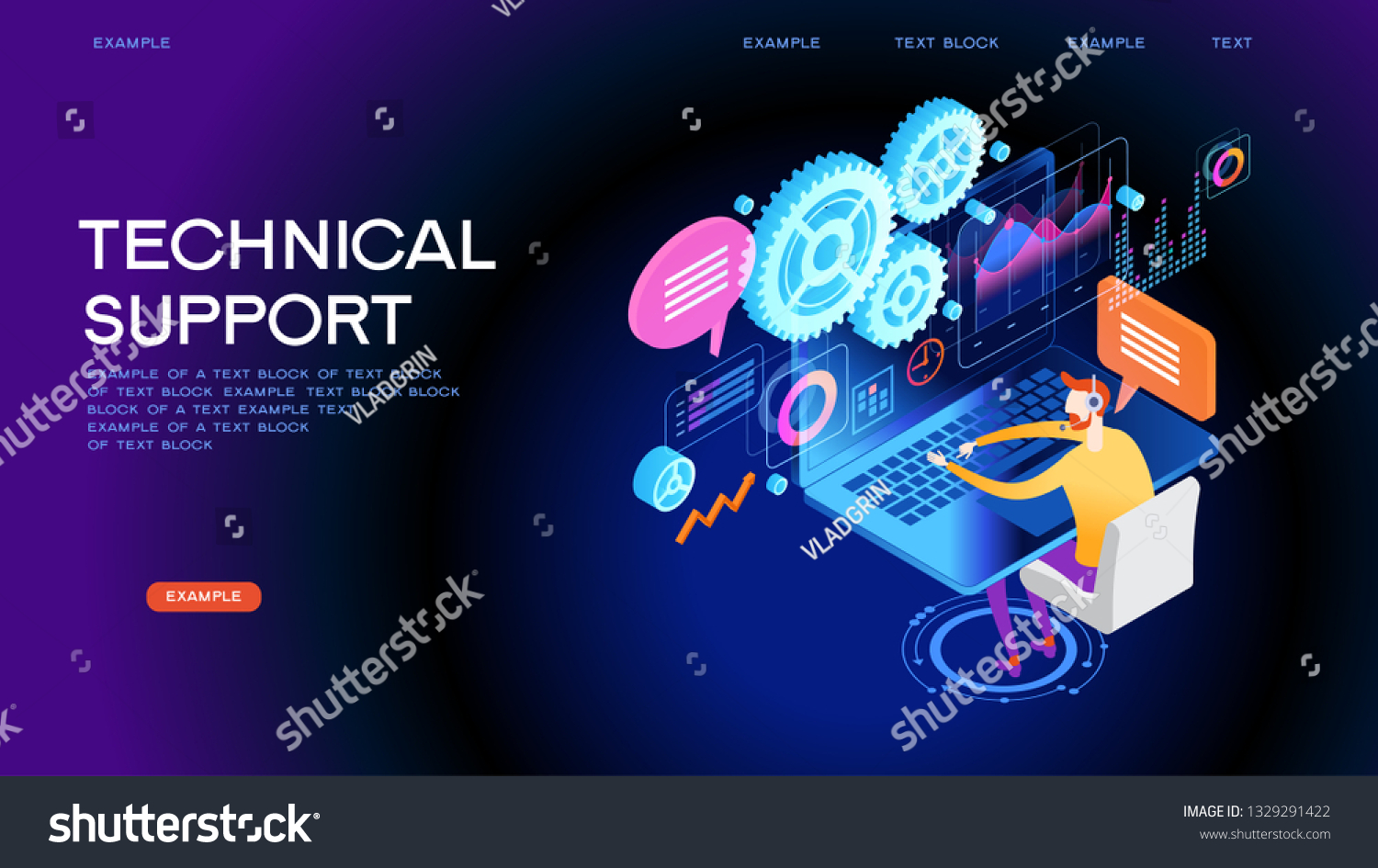 Technical support illustration concept. Modern business technology. Technical support engineer with computer at work. Design concepts for web banners. 3D vector isometric illustration.