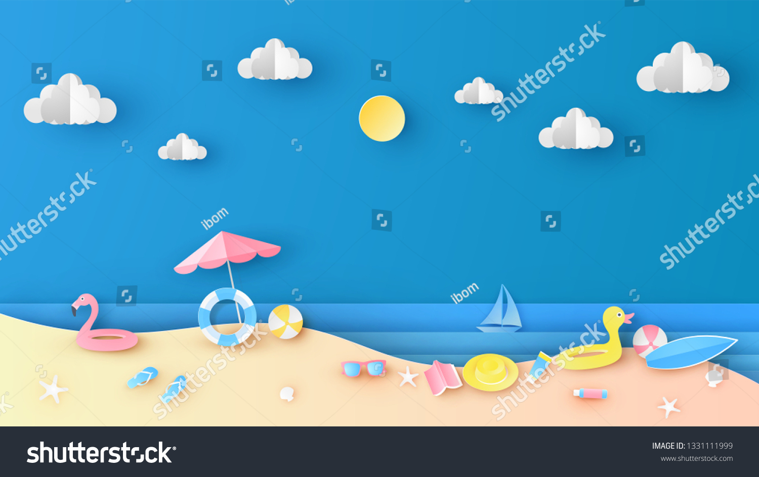 Sea view in summer with water play equipment placed on the beach. Summer time. paper cut and craft style. vector  illustration.