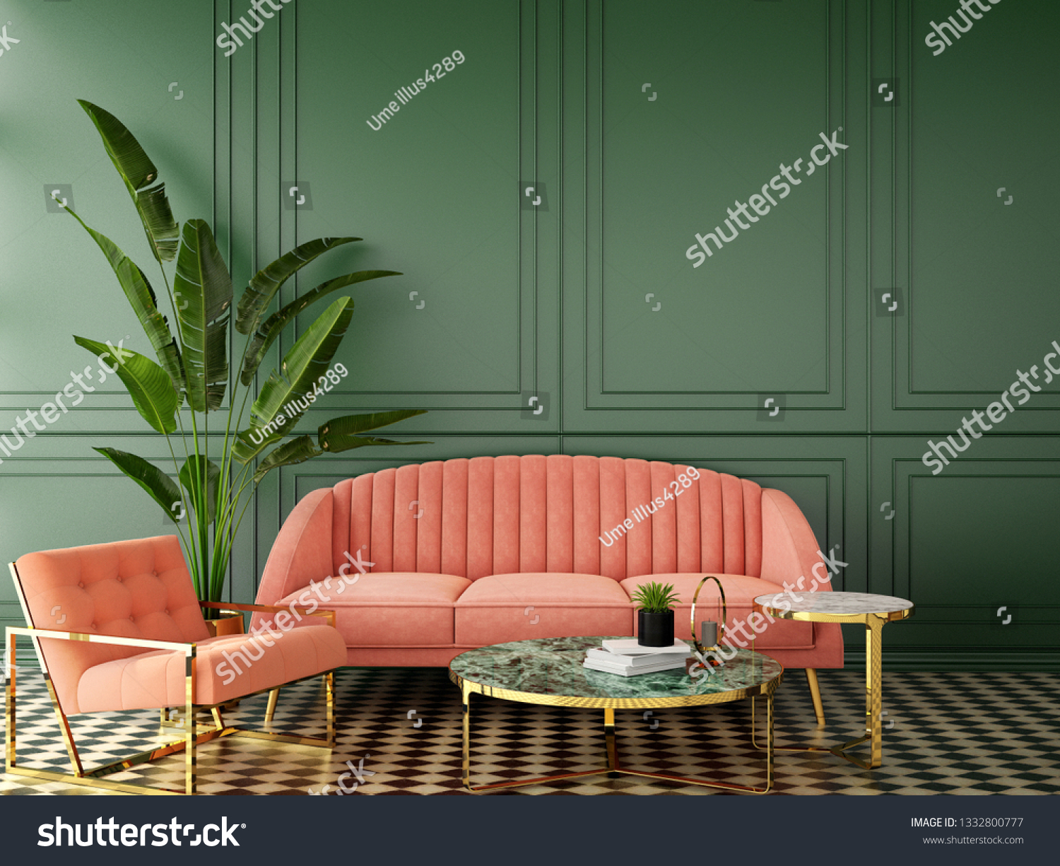 interior design for living area or reception with classic wall background living coral pantone / 3d illustration 3d rendering
