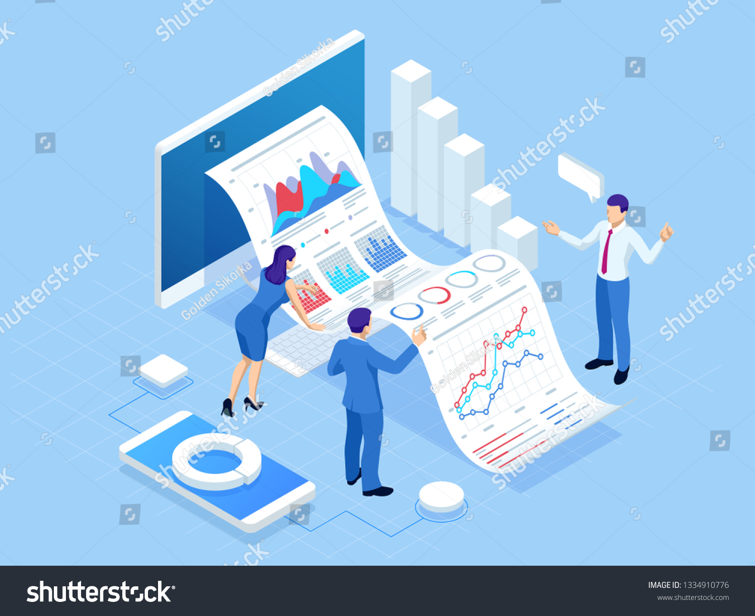 Isometric concept of business analysis  analytics  research  strategy statistic  planning  marketing  study of performance indicators. Investment in securities  smart investment  strategic management